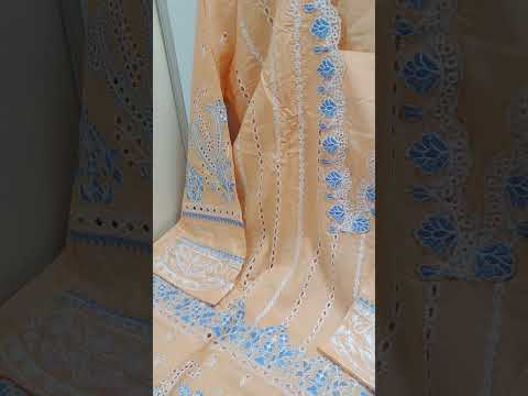 Chickenkari cotton kameez trouser duppatta - Peach