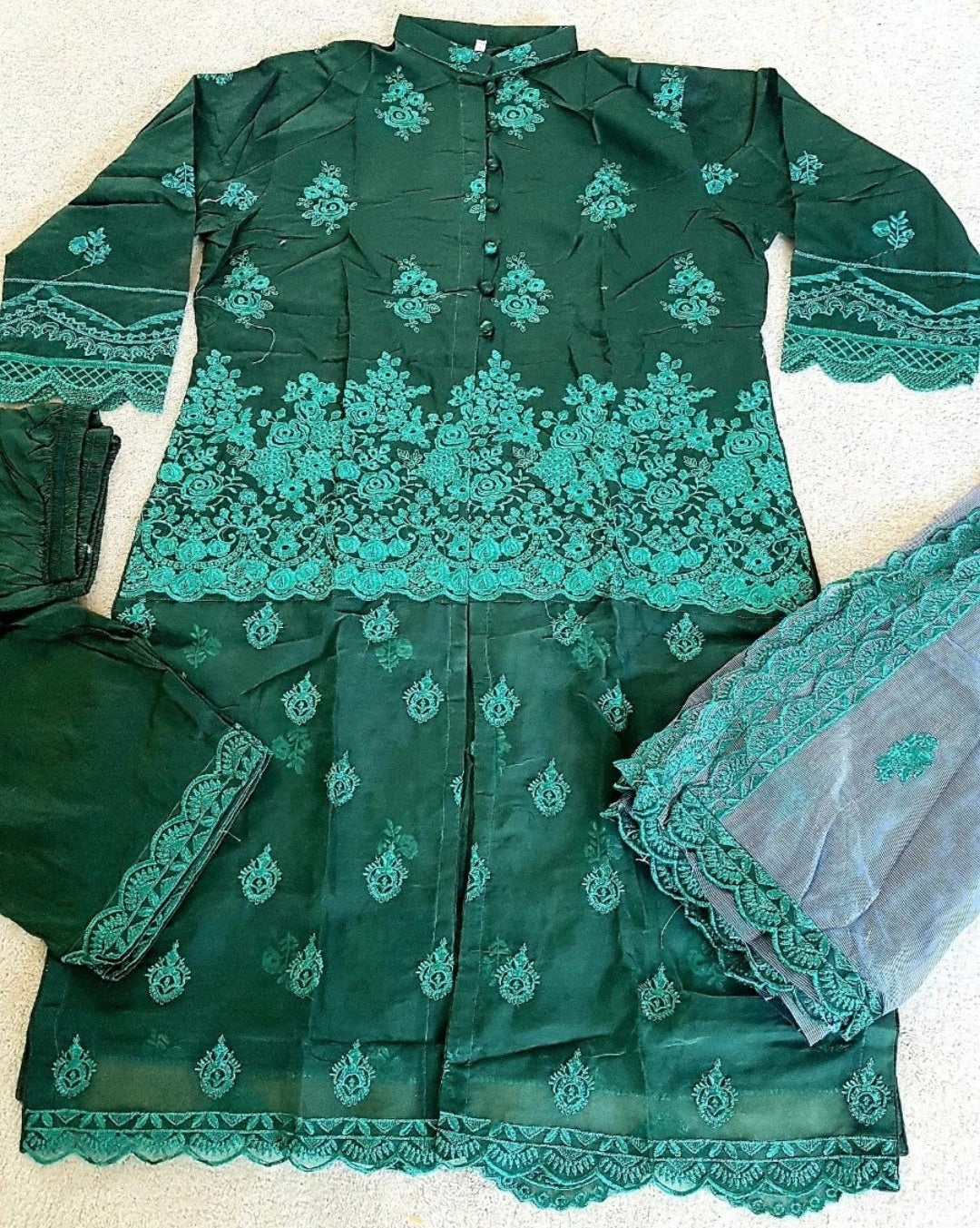Chickenkari cotton kameez trouser duppatta - green