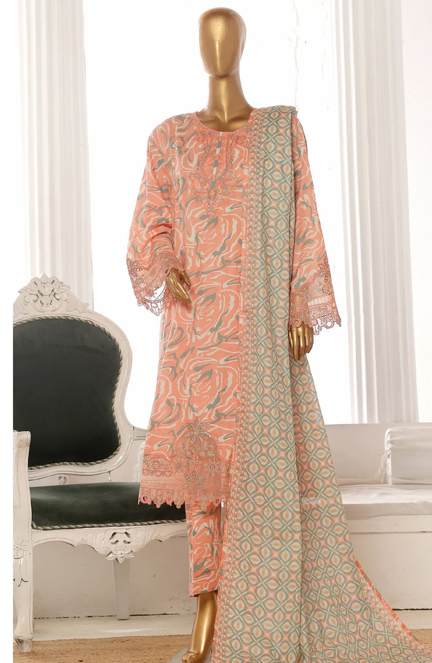 Bin Saeed embroidered frock with trouser and duppatta - Peach