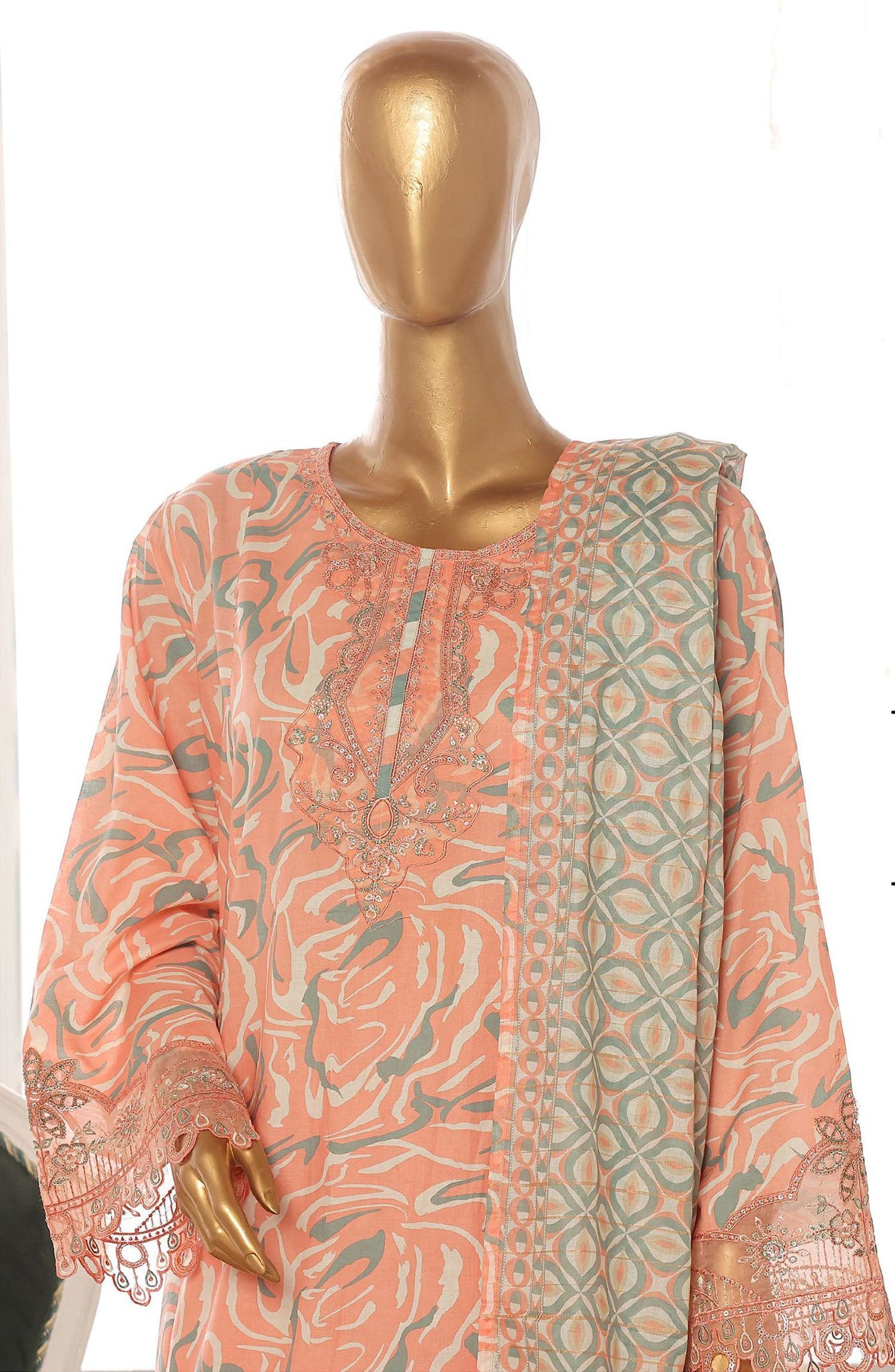 Bin Saeed embroidered frock with trouser and duppatta - Peach