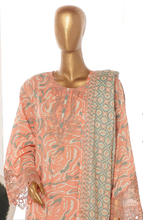 Bin Saeed embroidered frock with trouser and duppatta - Peach