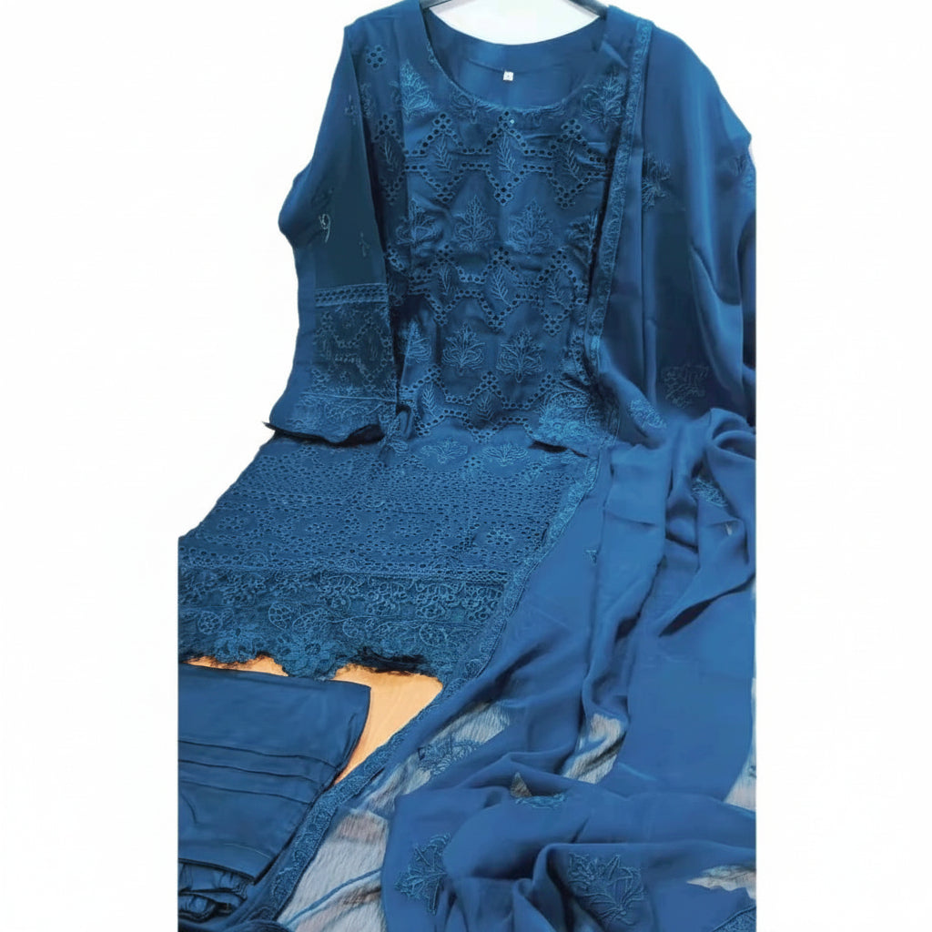 Pakistani chickenkari embroidered shalwar kameez duppatta- Teal