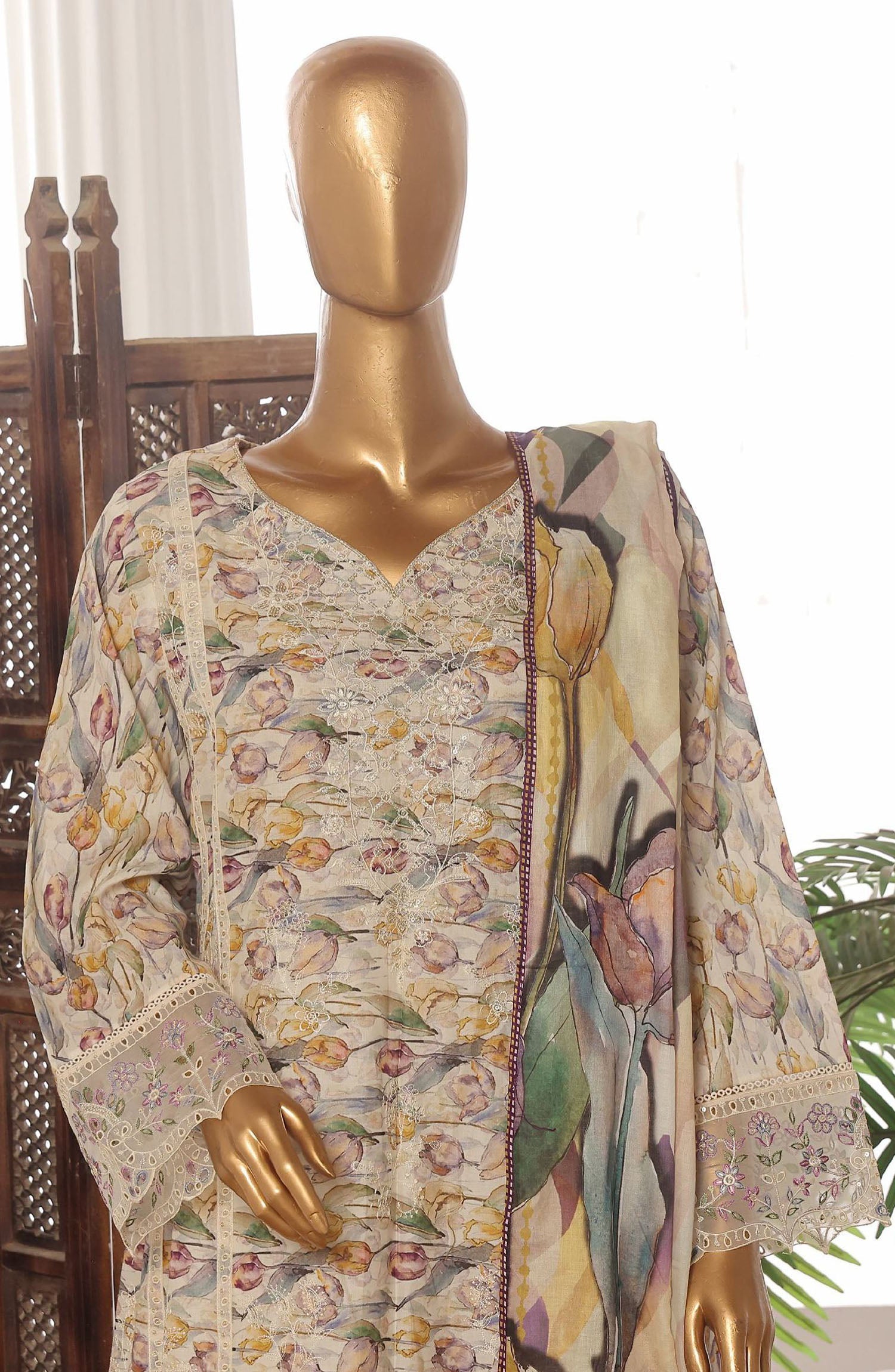 Bin Saeed embroidered frock with trouser and duppatta- Beige