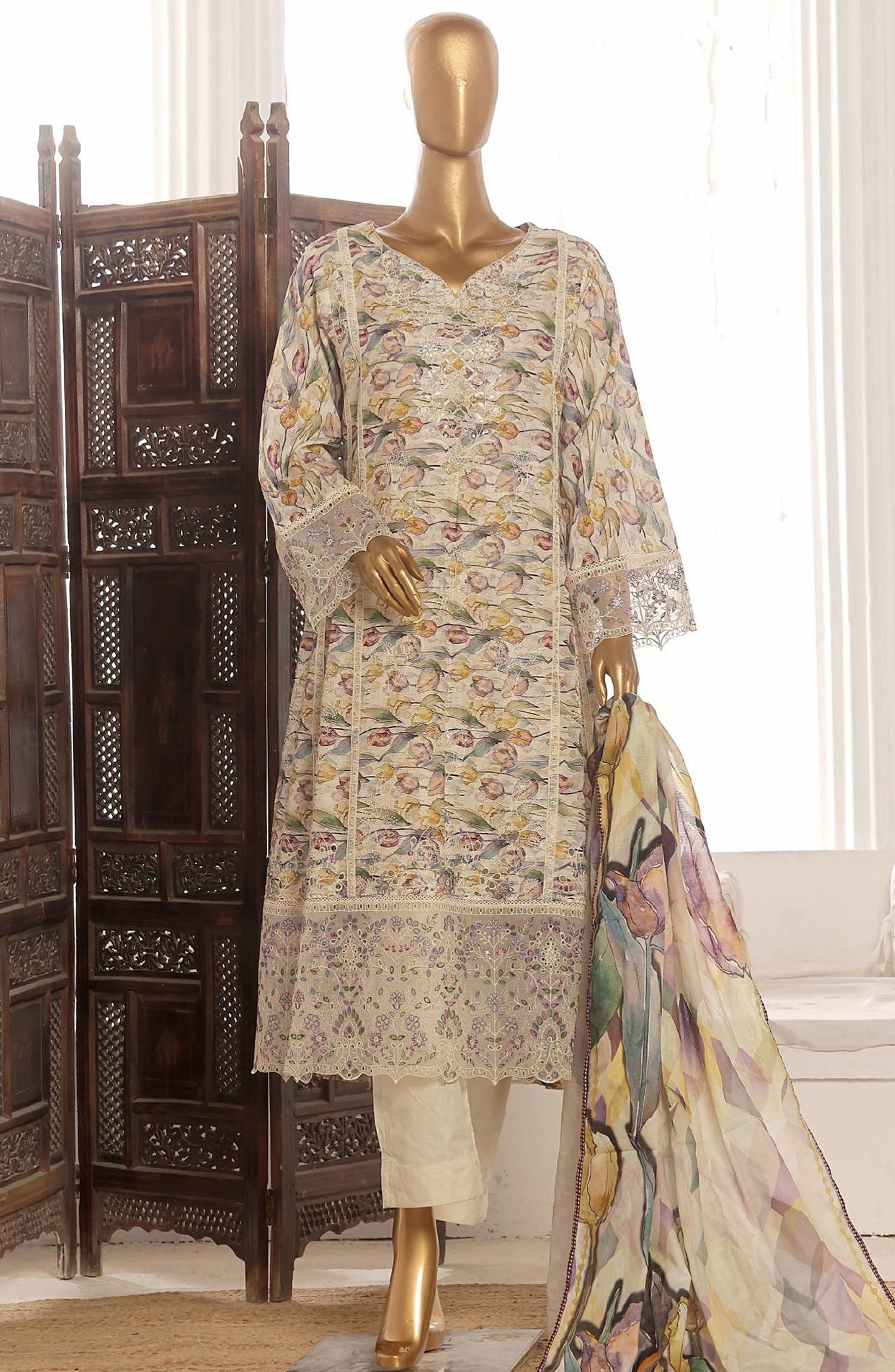 Bin Saeed embroidered frock with trouser and duppatta- Beige