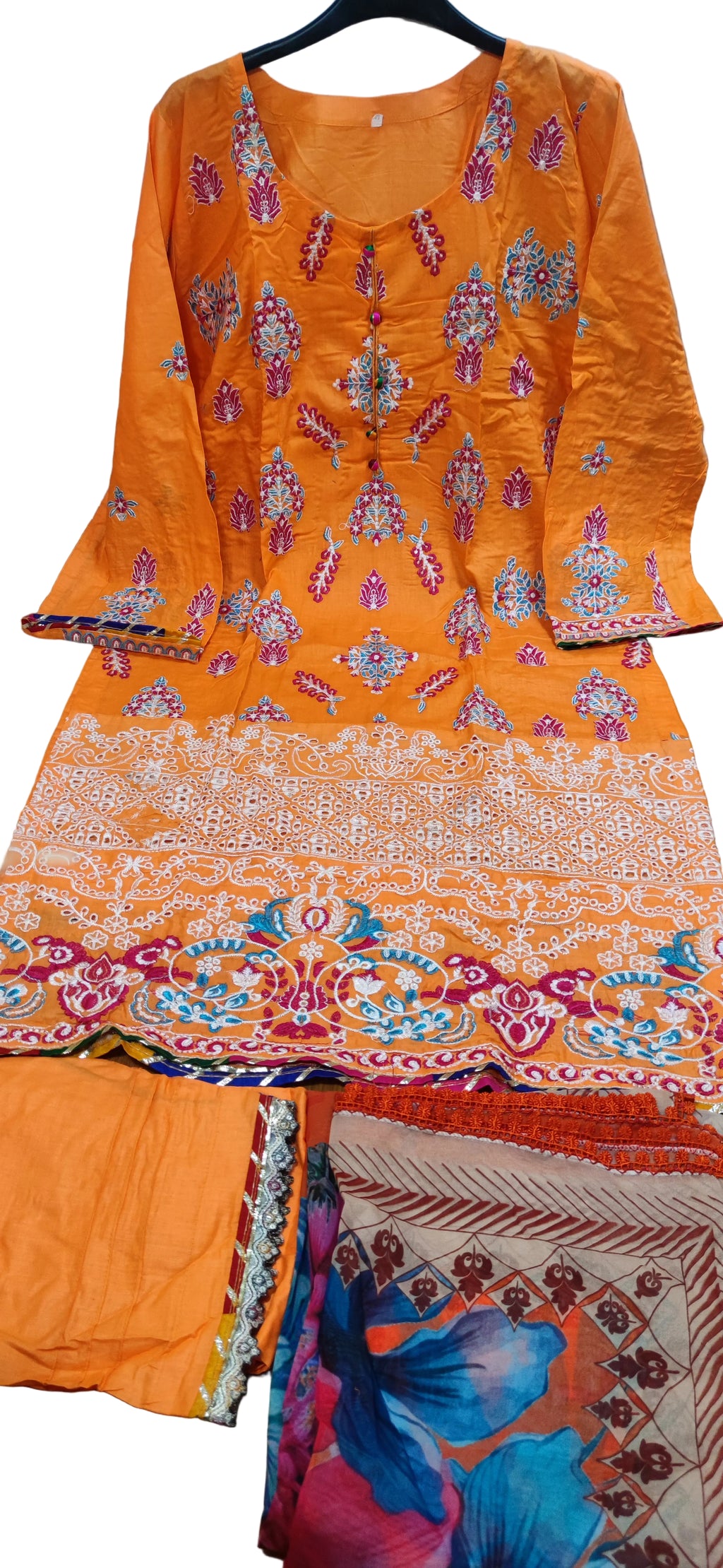 Chickenkari cotton kameez trouser duppatta - Orange