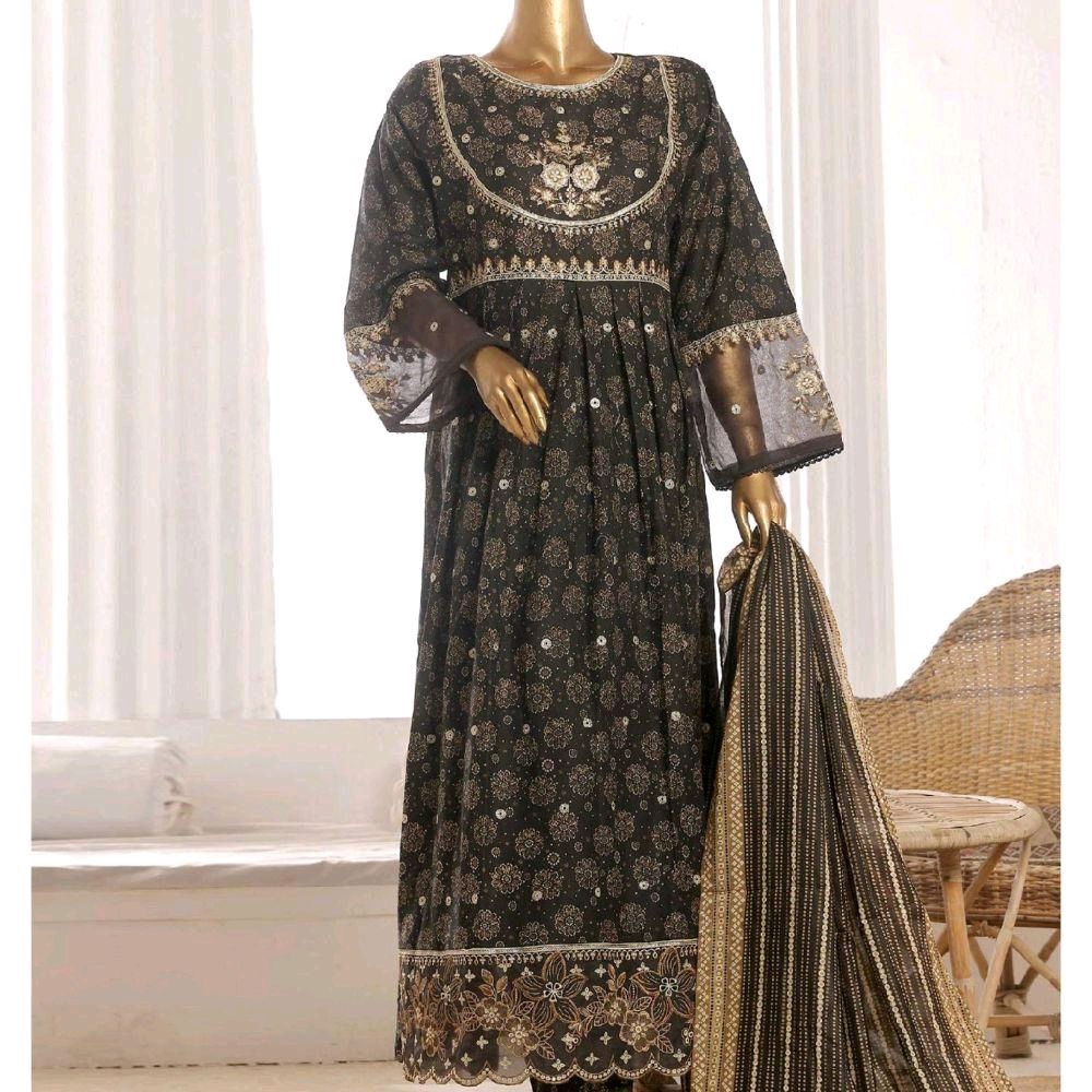 Bin Saeed embroidered frock with trouser and duppatta - Black floral