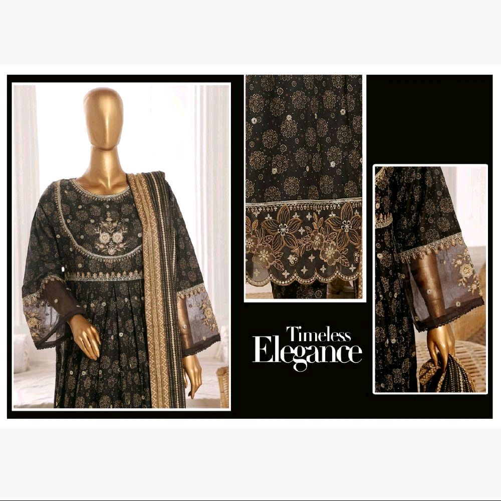 Bin Saeed embroidered frock with trouser and duppatta - Black floral