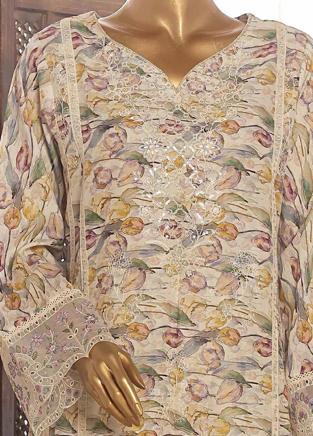 Bin Saeed embroidered frock with trouser and duppatta- Beige