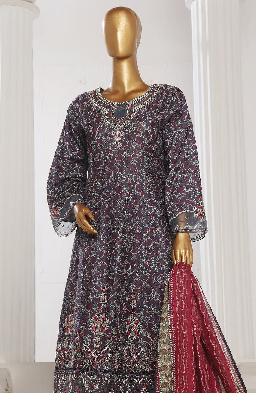 Bin Saeed embroidered frock with trouser and duppatta - purple