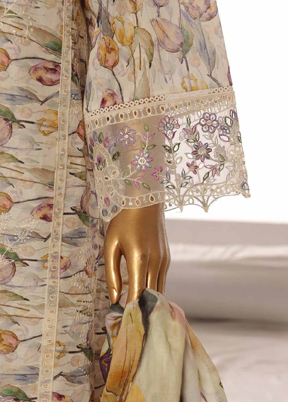 Bin Saeed embroidered frock with trouser and duppatta- Beige