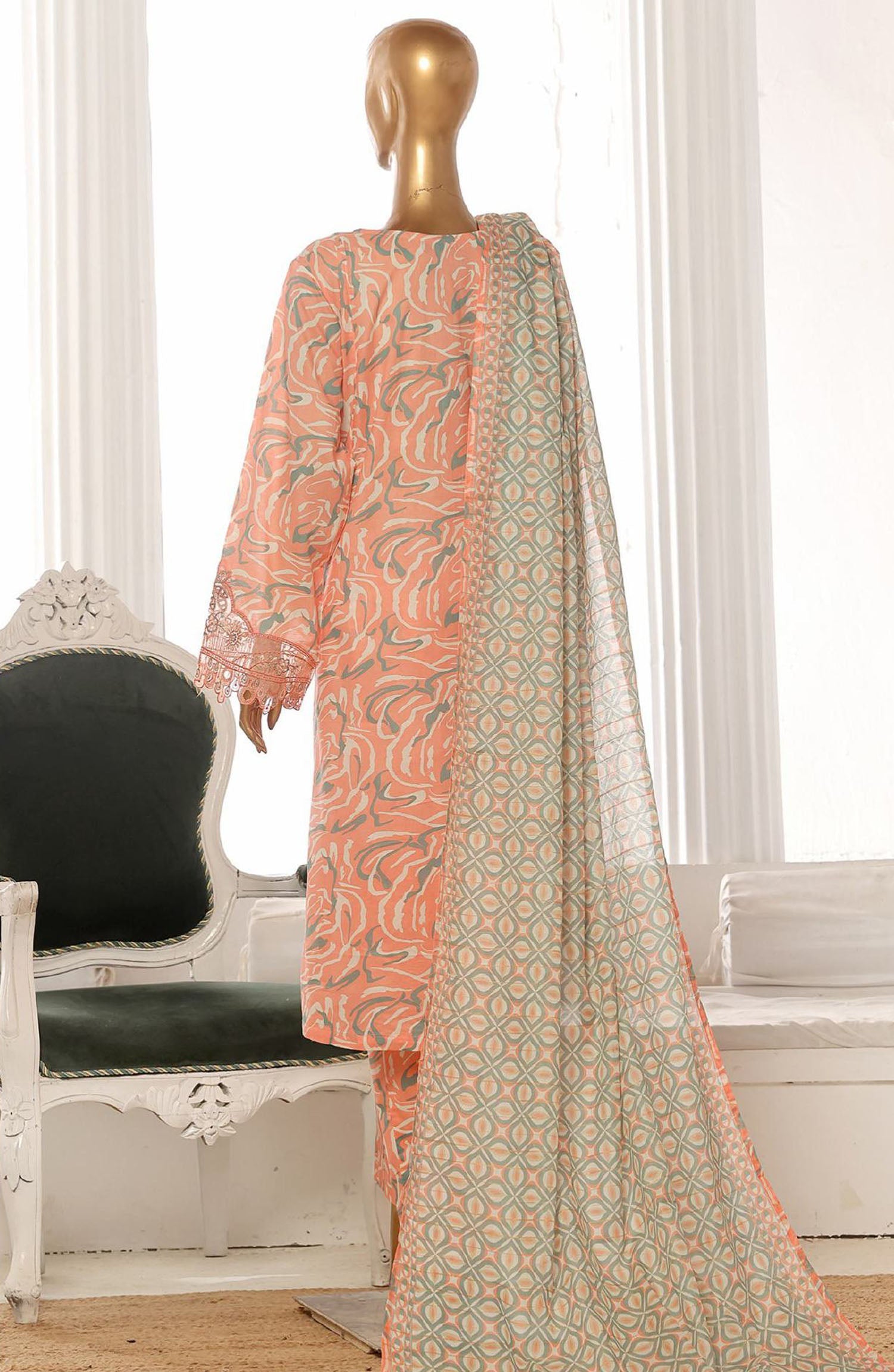 Bin Saeed embroidered frock with trouser and duppatta - Peach