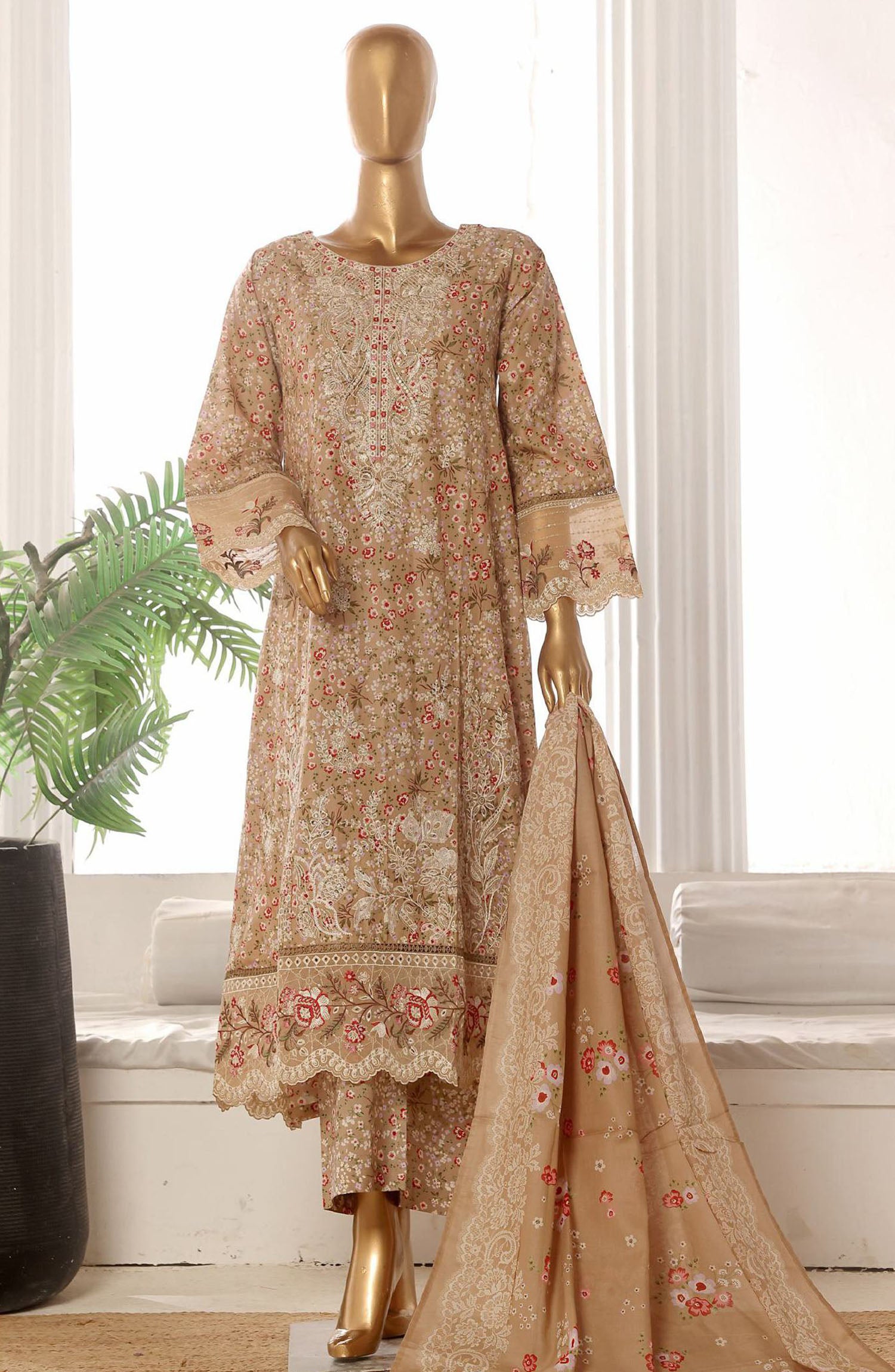 Bin Saeed embroidered frock with trouser and duppatta - Floral Beige