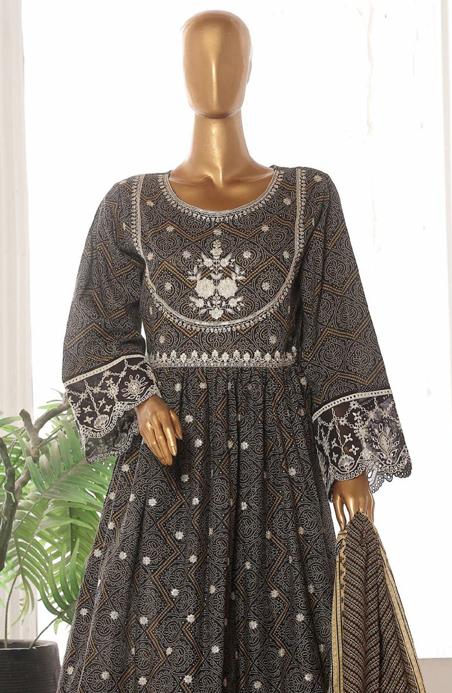 Bin Saeed embroidered frock with trouser and duppatta- Black