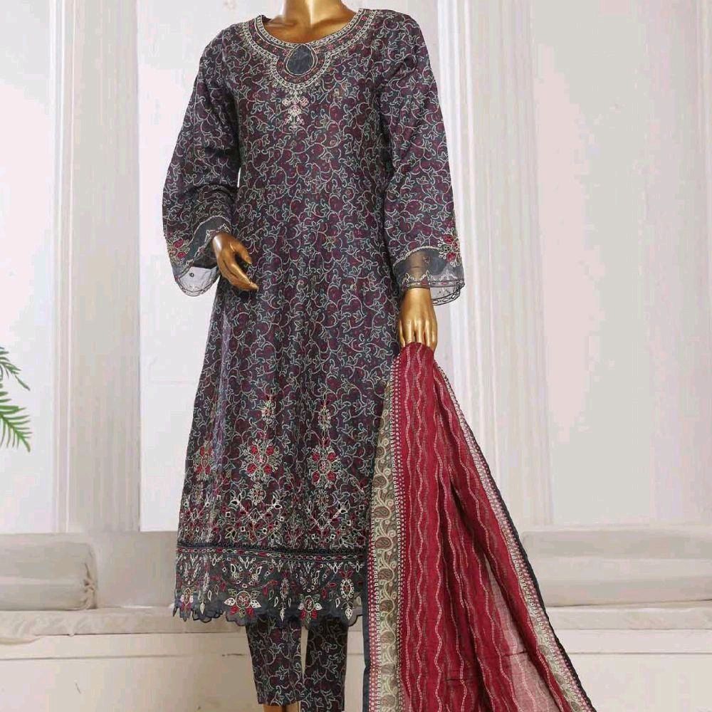 Bin Saeed embroidered frock with trouser and duppatta - purple