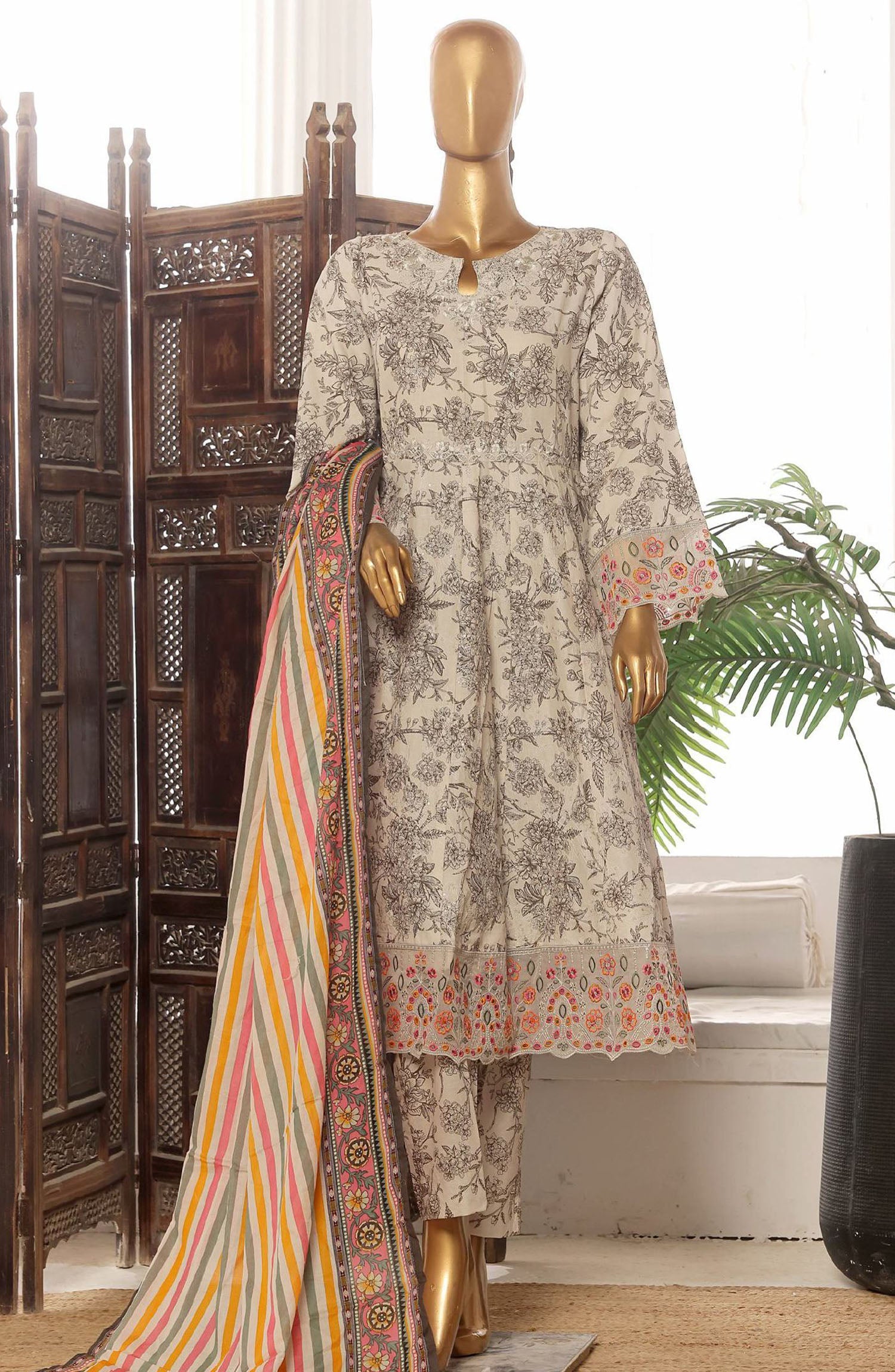 Bin Saeed embroidered frock with trouser and duppatta- Off white