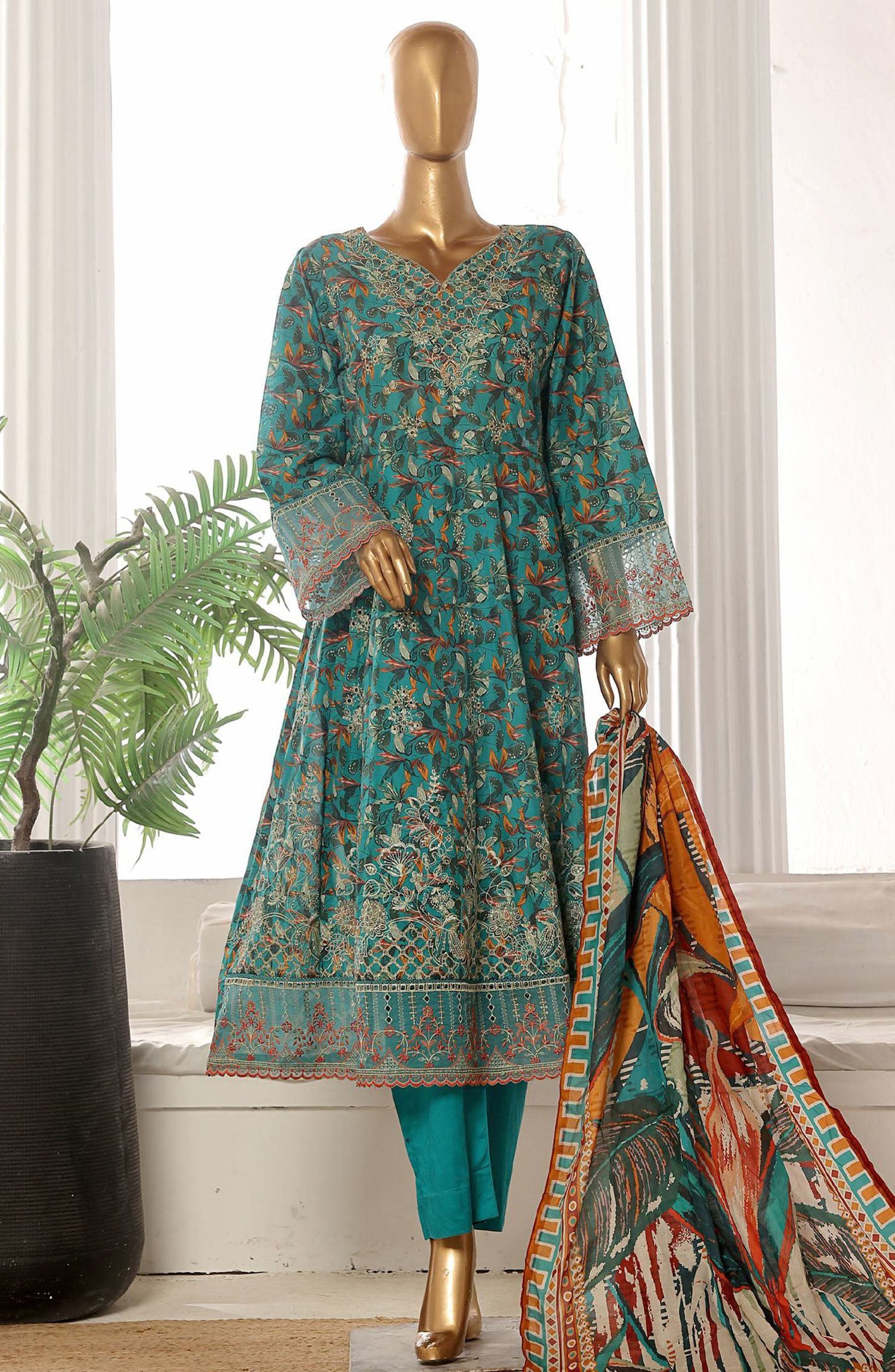 Bin Saeed embroidered frock with trouser and duppatta -Green floral