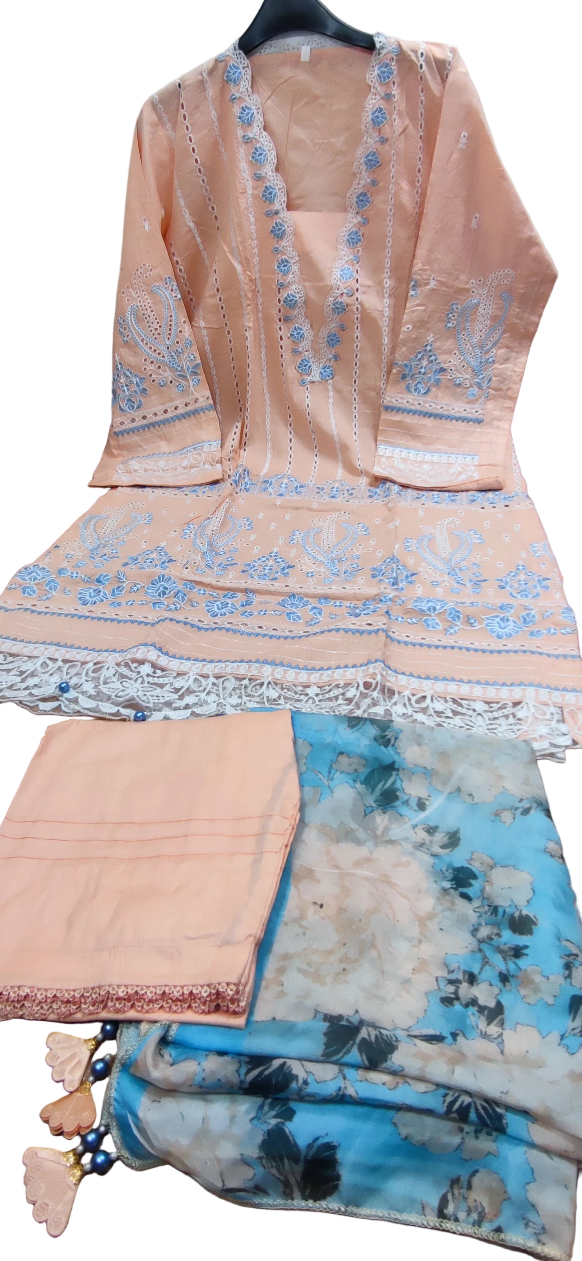 Chickenkari cotton kameez trouser duppatta - Peach