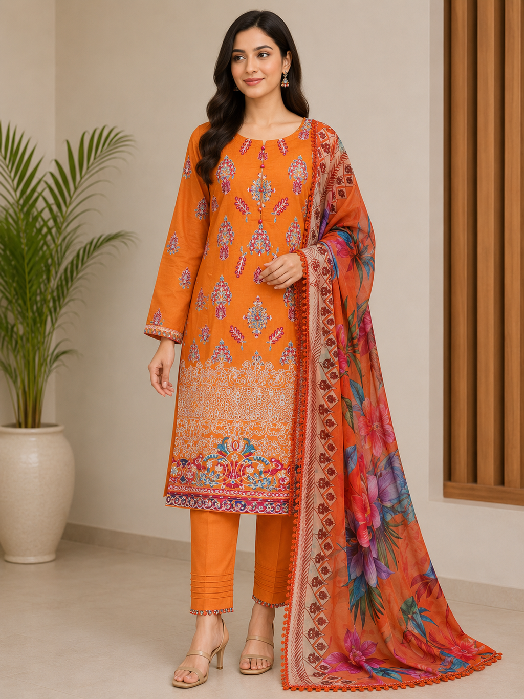 Chickenkari cotton kameez trouser duppatta - Orange