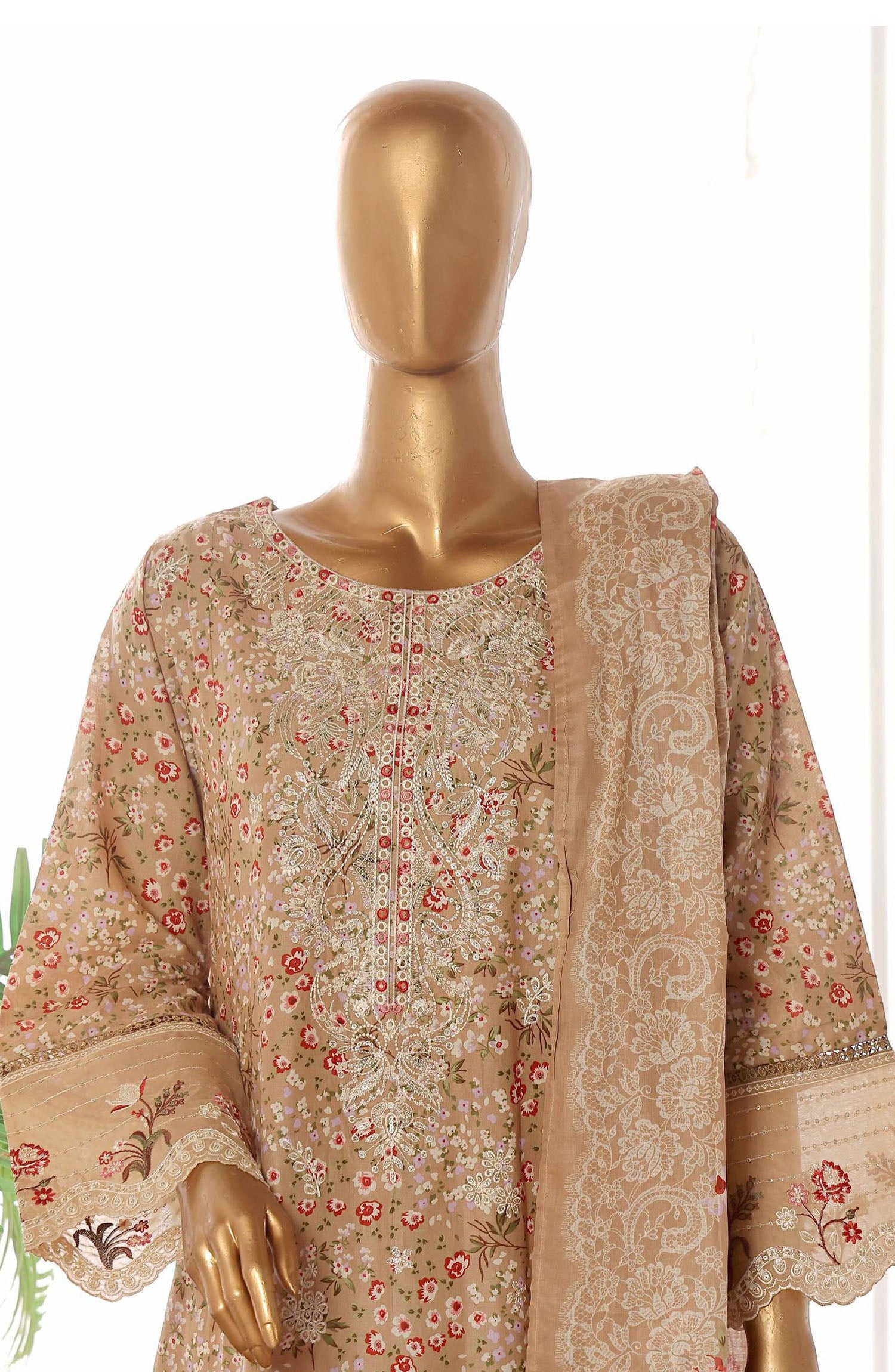 Bin Saeed embroidered frock with trouser and duppatta - Floral Beige