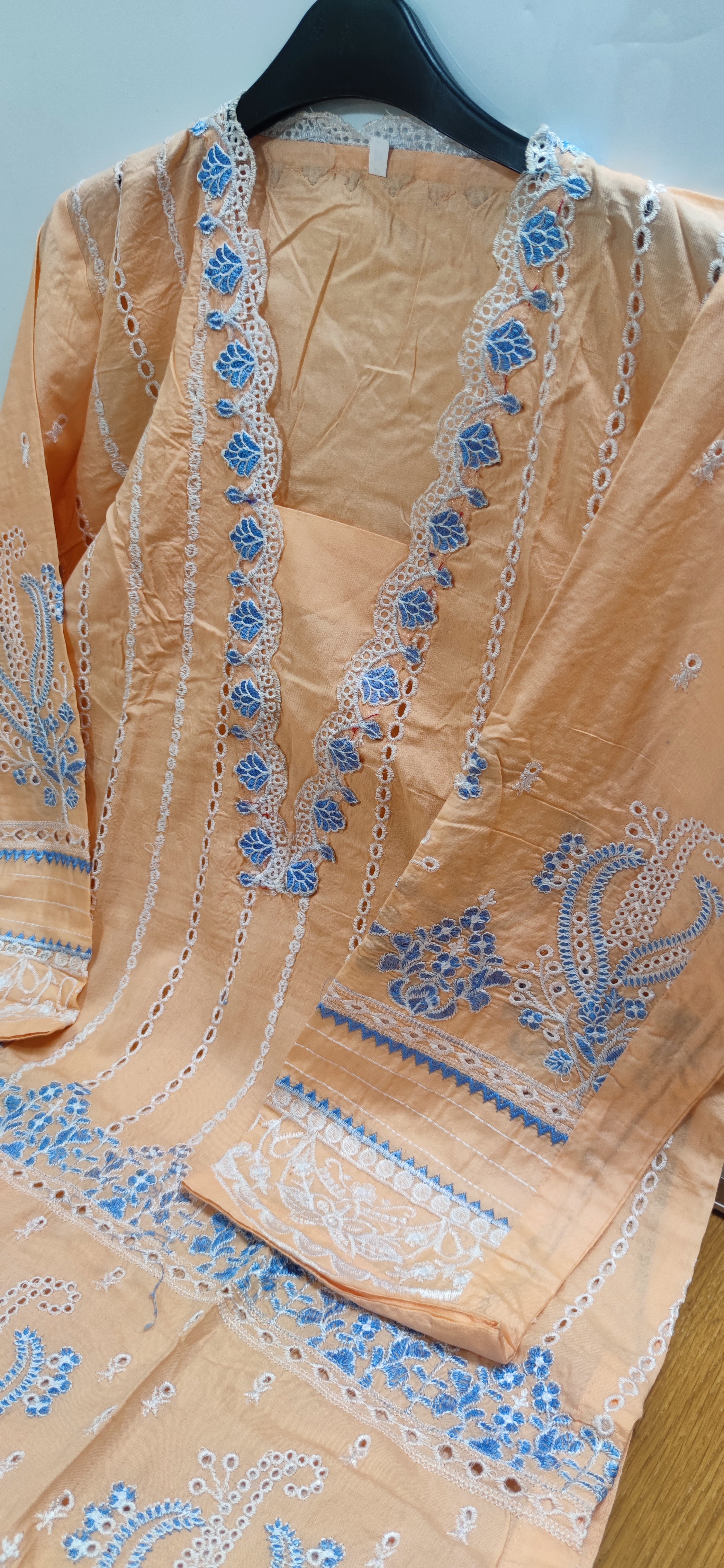 Chickenkari cotton kameez trouser duppatta - Peach