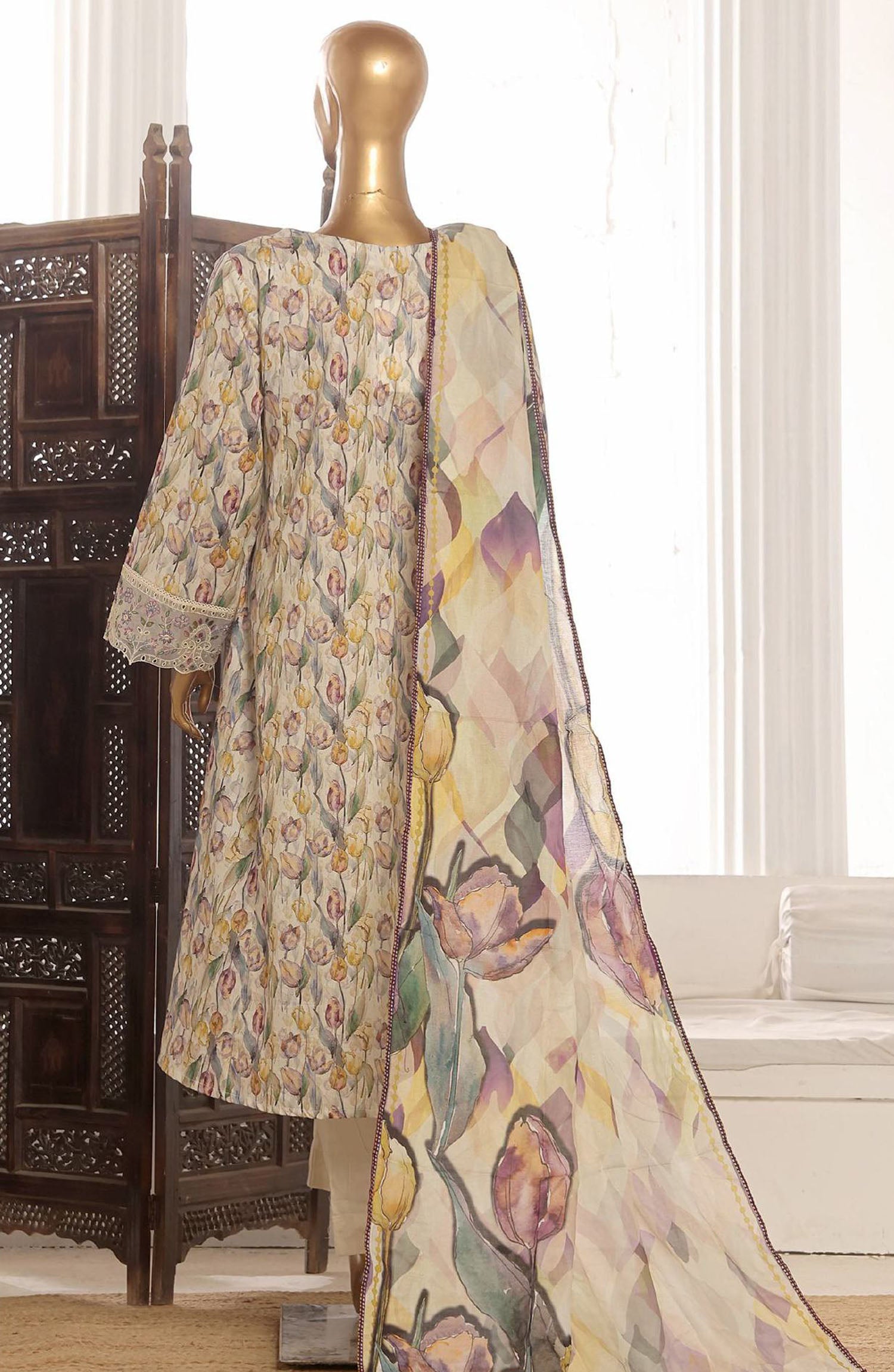 Bin Saeed embroidered frock with trouser and duppatta- Beige