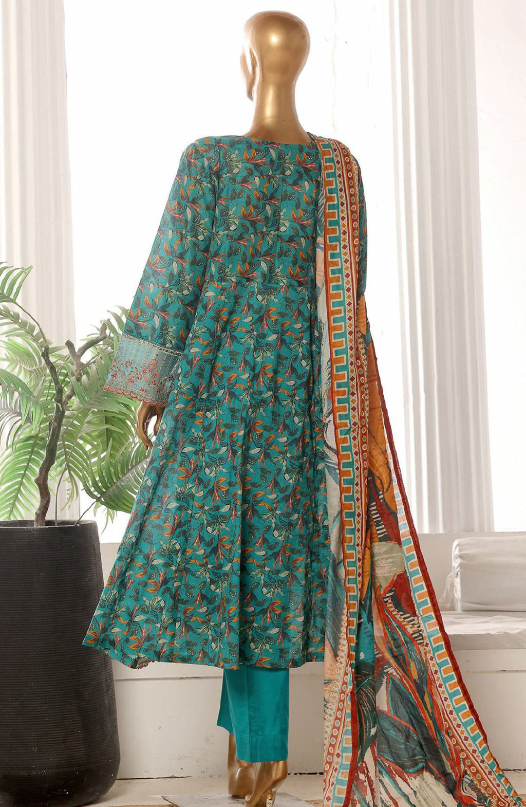 Bin Saeed embroidered frock with trouser and duppatta -Green floral