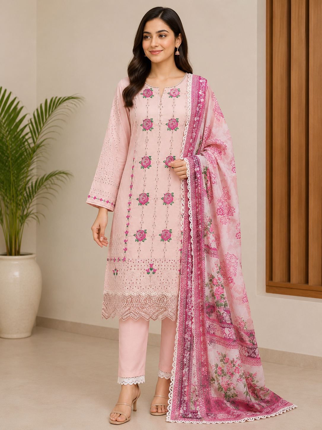 Pakistani chickenkari embroidered shalwar kameez duppatta-peach
