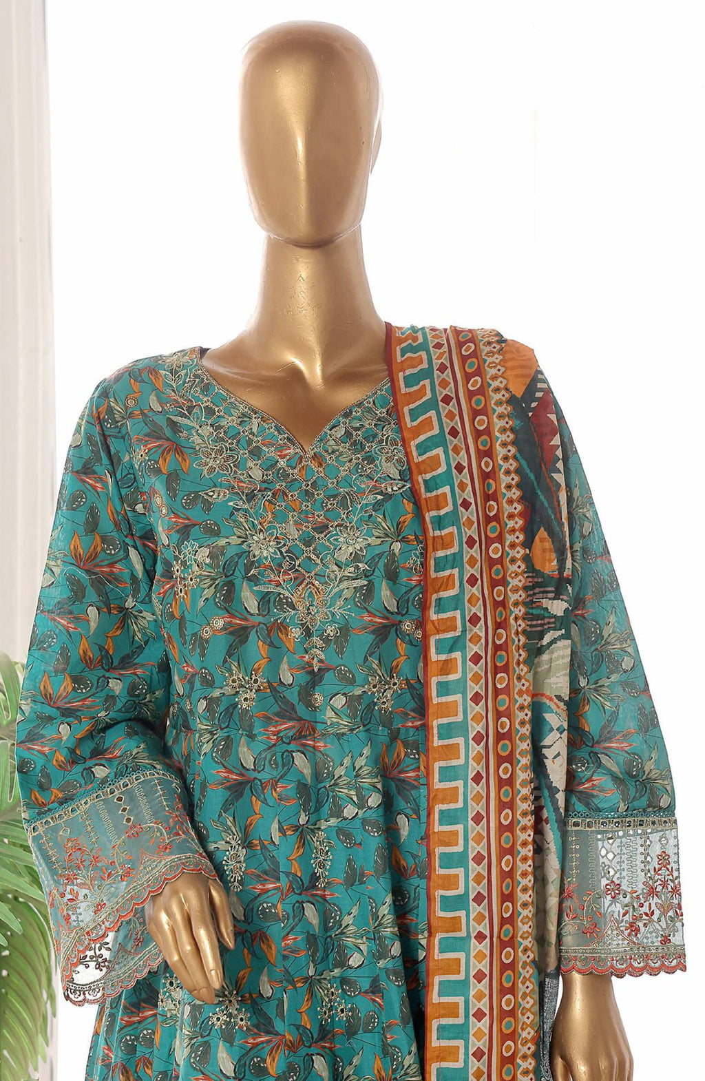 Bin Saeed embroidered frock with trouser and duppatta -Green floral