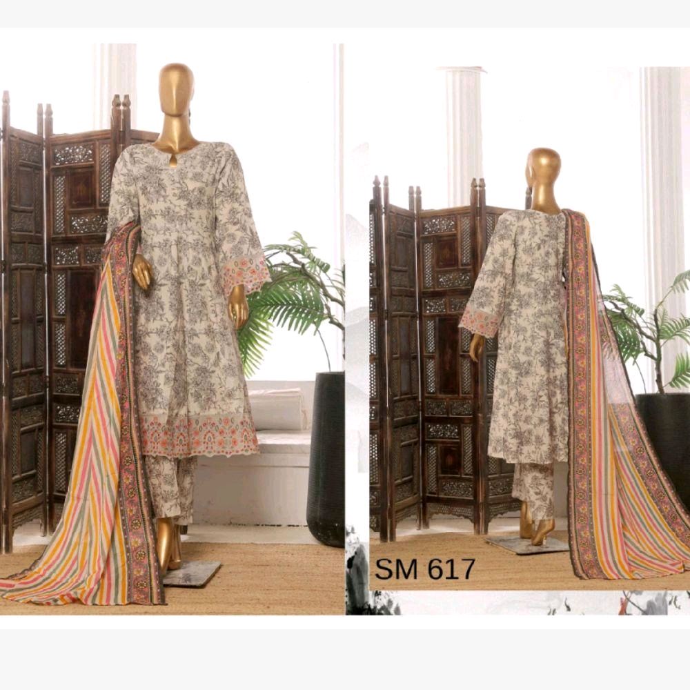 Bin Saeed embroidered frock with trouser and duppatta- Off white