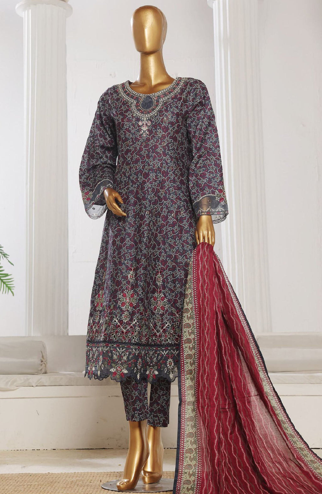 Bin Saeed embroidered frock with trouser and duppatta - purple