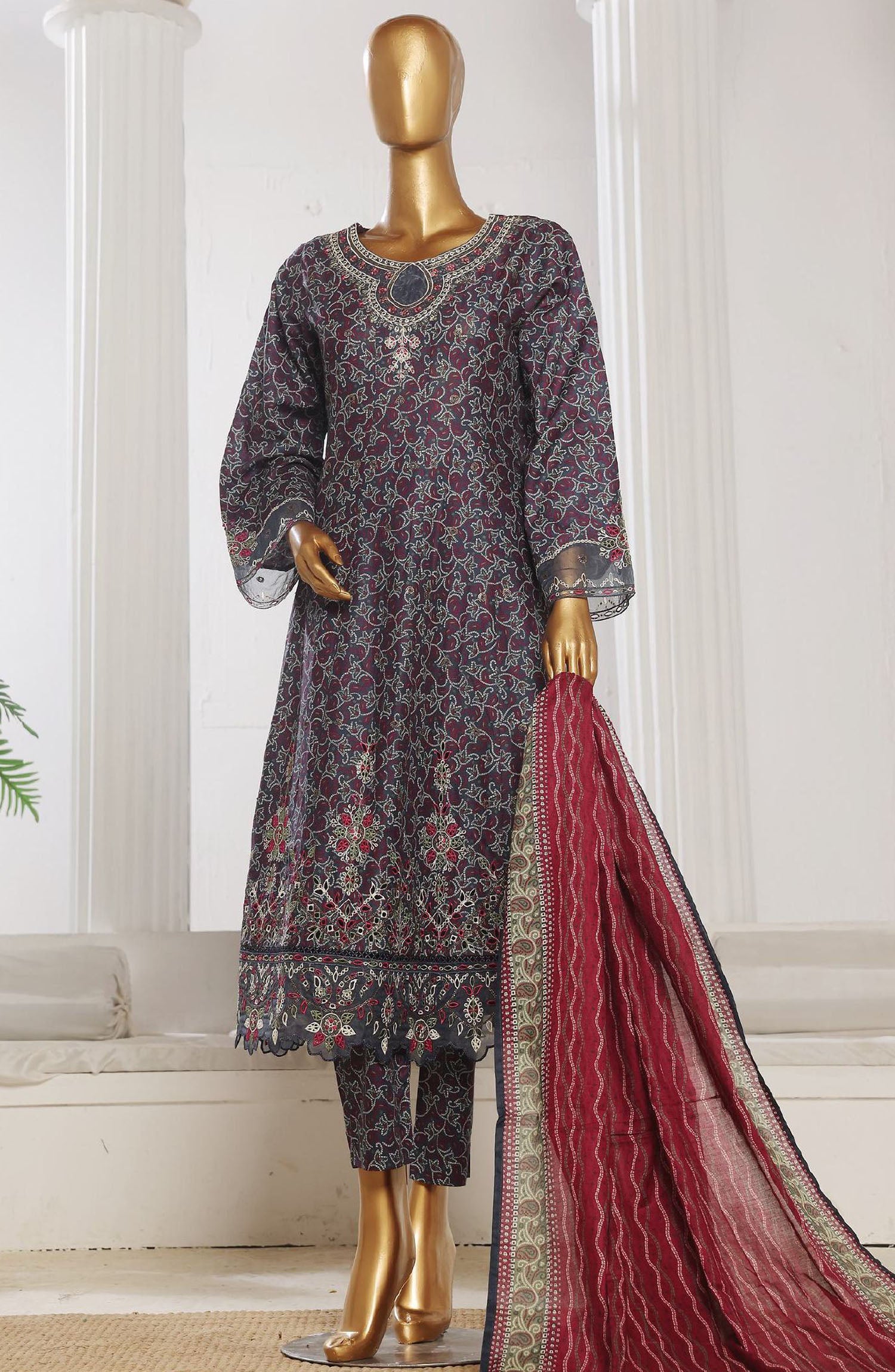 Bin Saeed embroidered frock with trouser and duppatta - purple