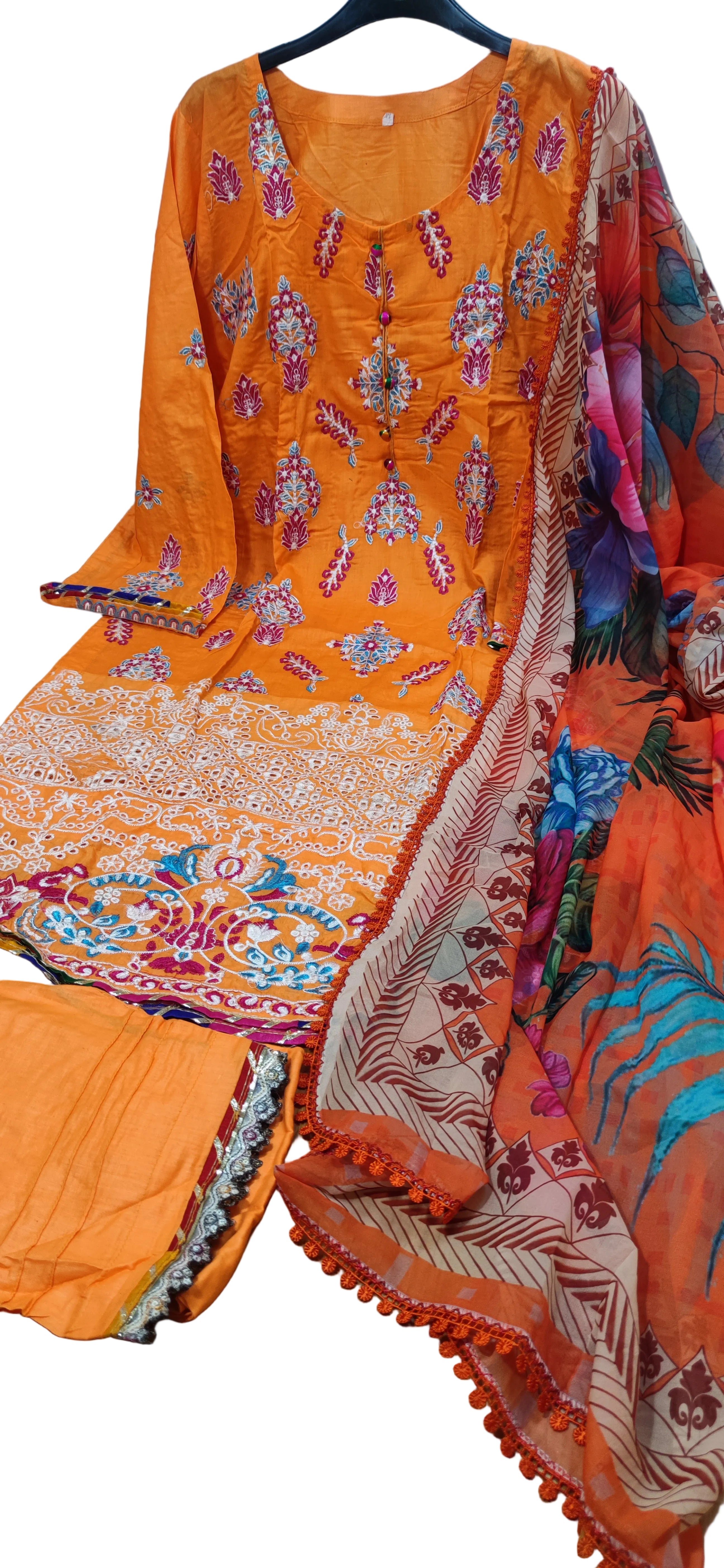 Chickenkari cotton kameez trouser duppatta - Orange