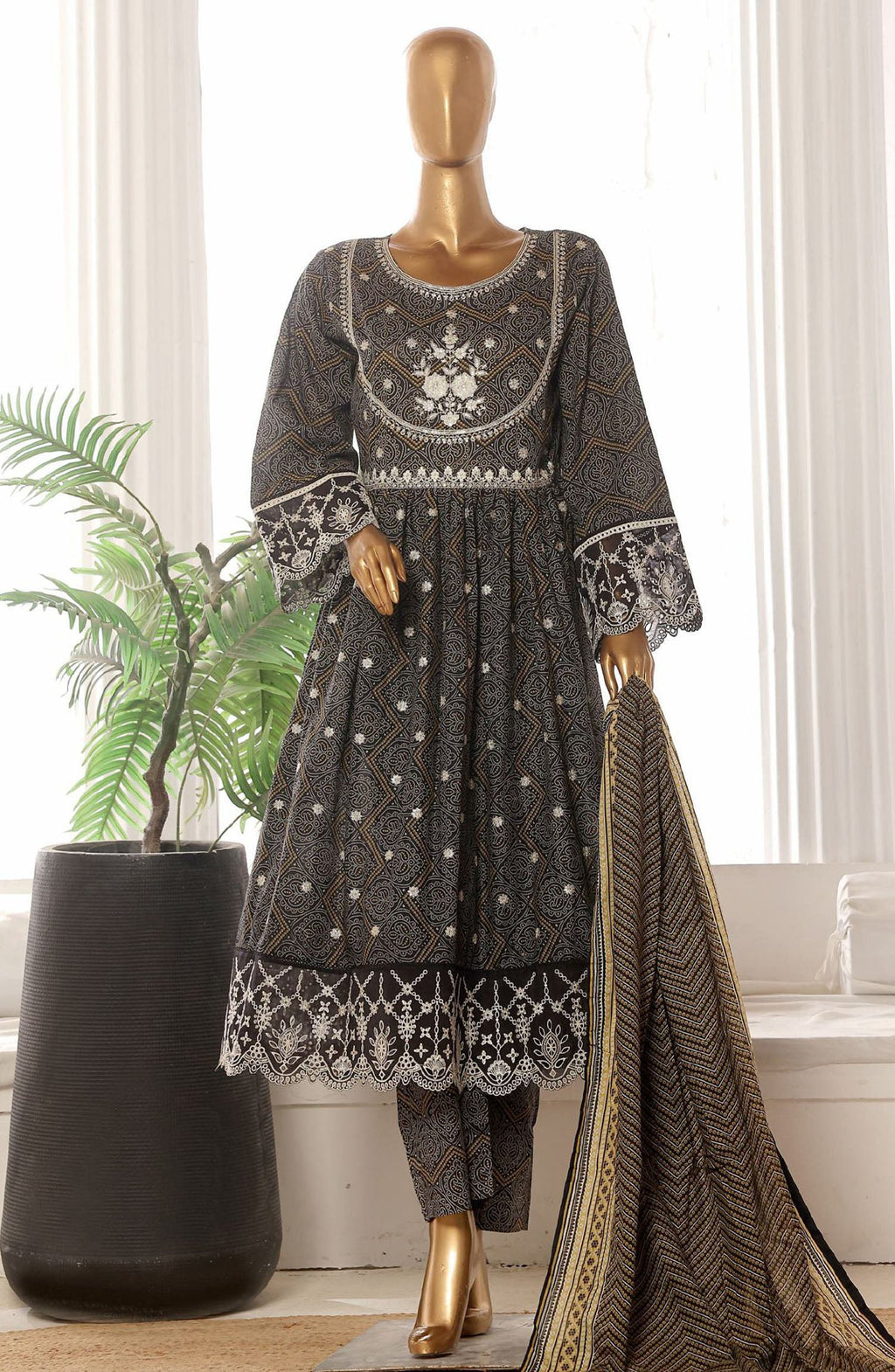 Bin Saeed embroidered frock with trouser and duppatta- Black