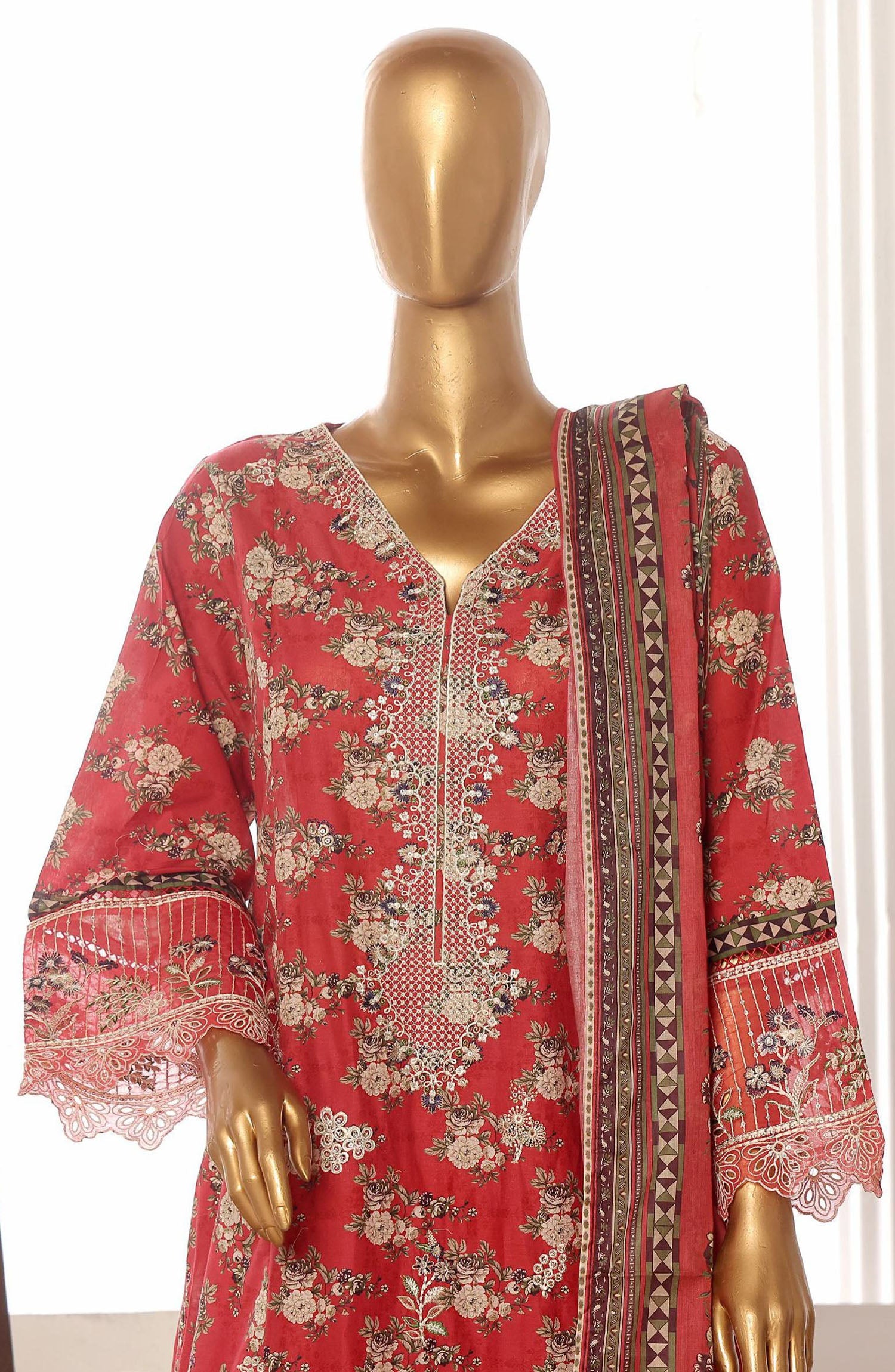 Bin Saeed embroidered frock with trouser and duppatta- Red