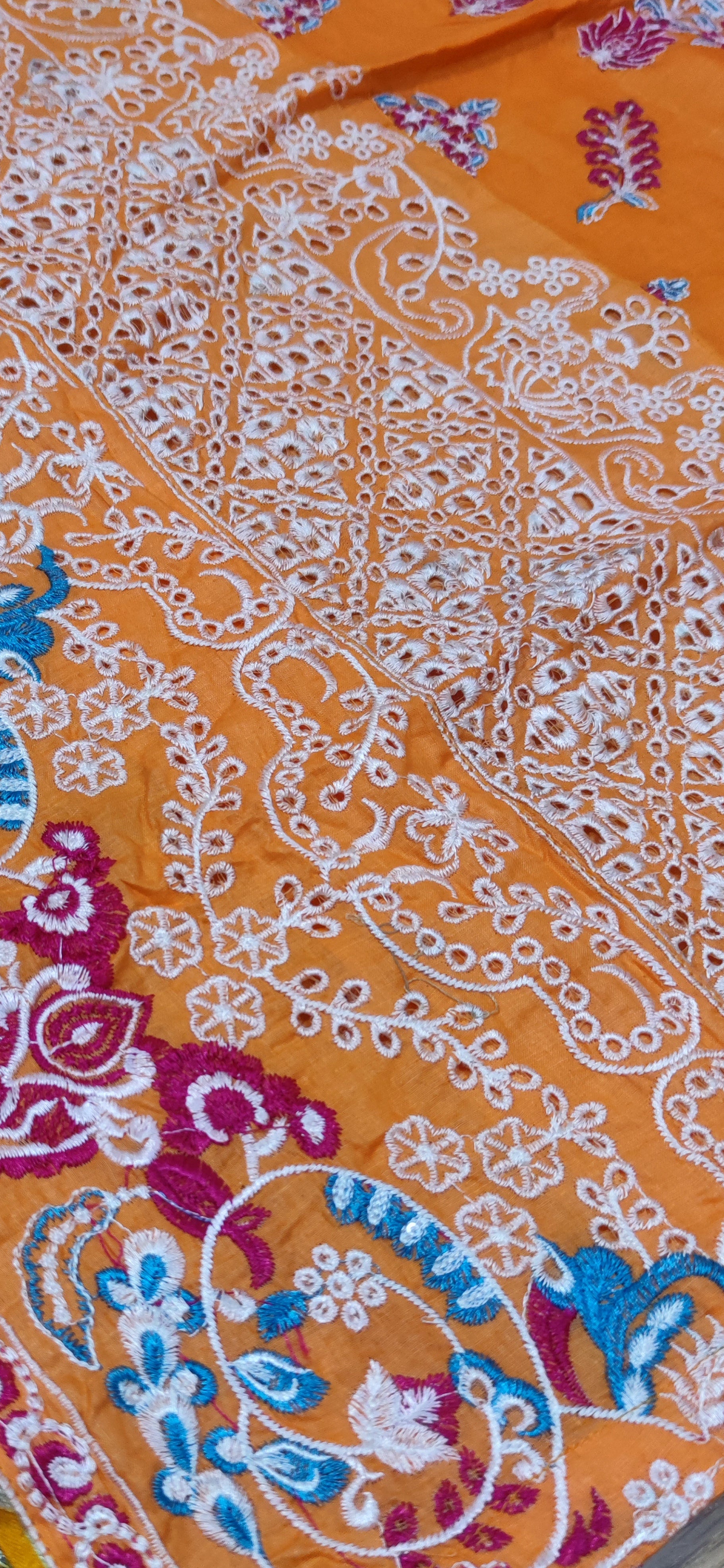 Chickenkari cotton kameez trouser duppatta - Orange
