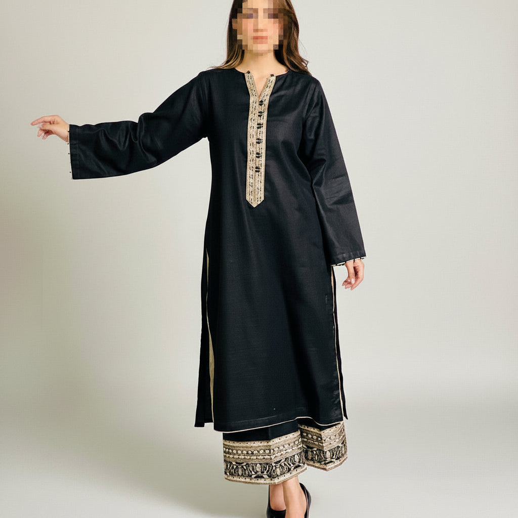 Linen black embroidered kameez trouser with chiffon duppatta
