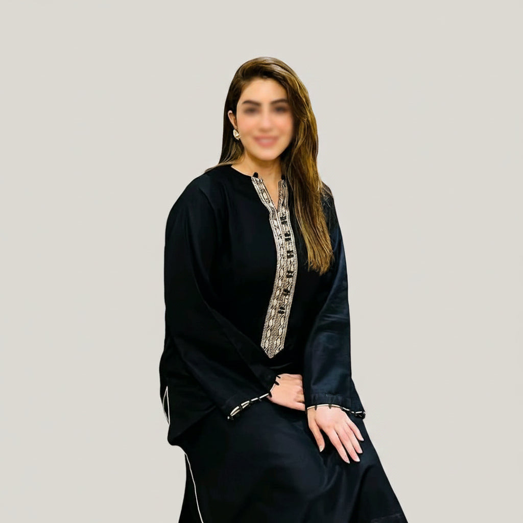 Linen black embroidered kameez trouser with chiffon duppatta