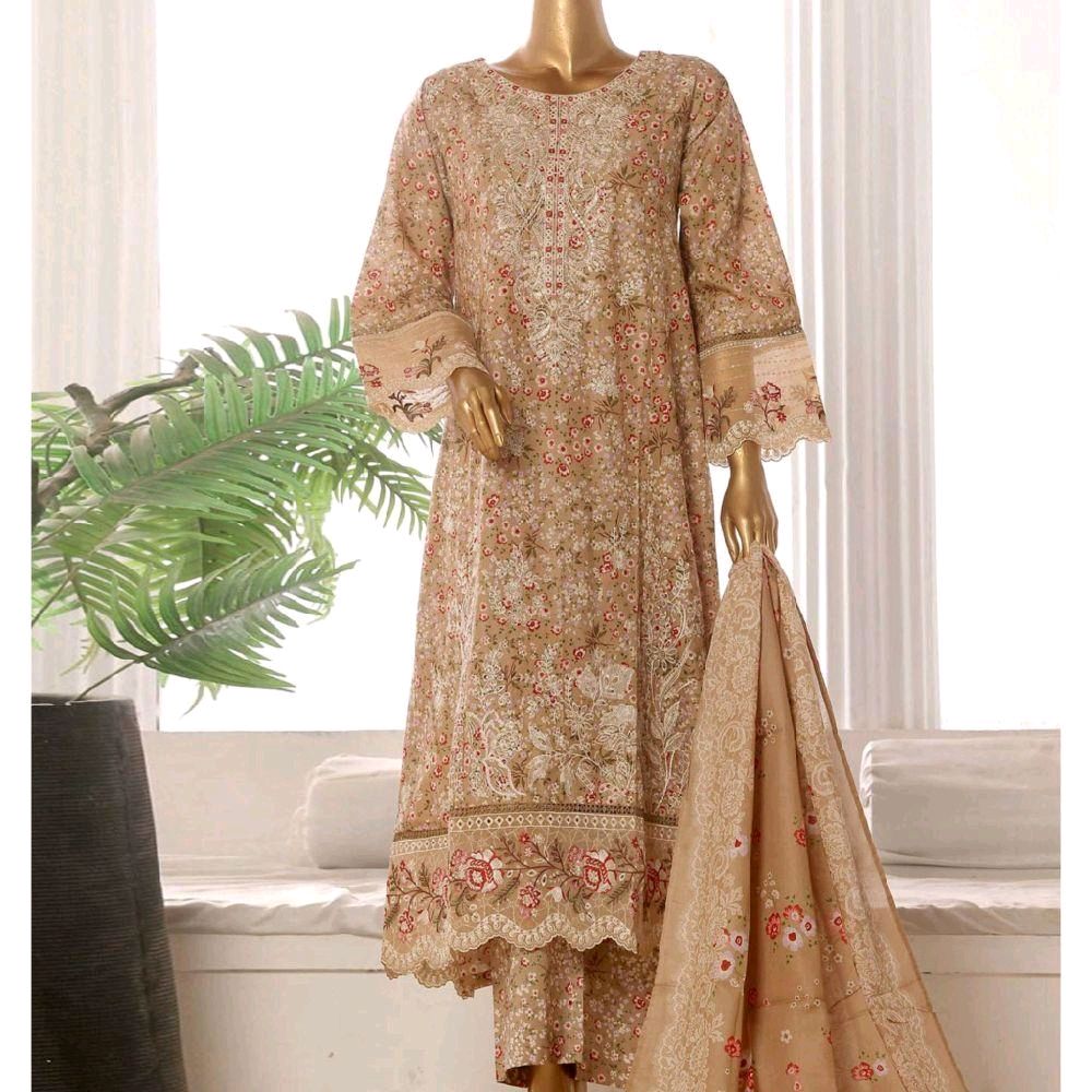 Bin Saeed embroidered frock with trouser and duppatta - Floral Beige