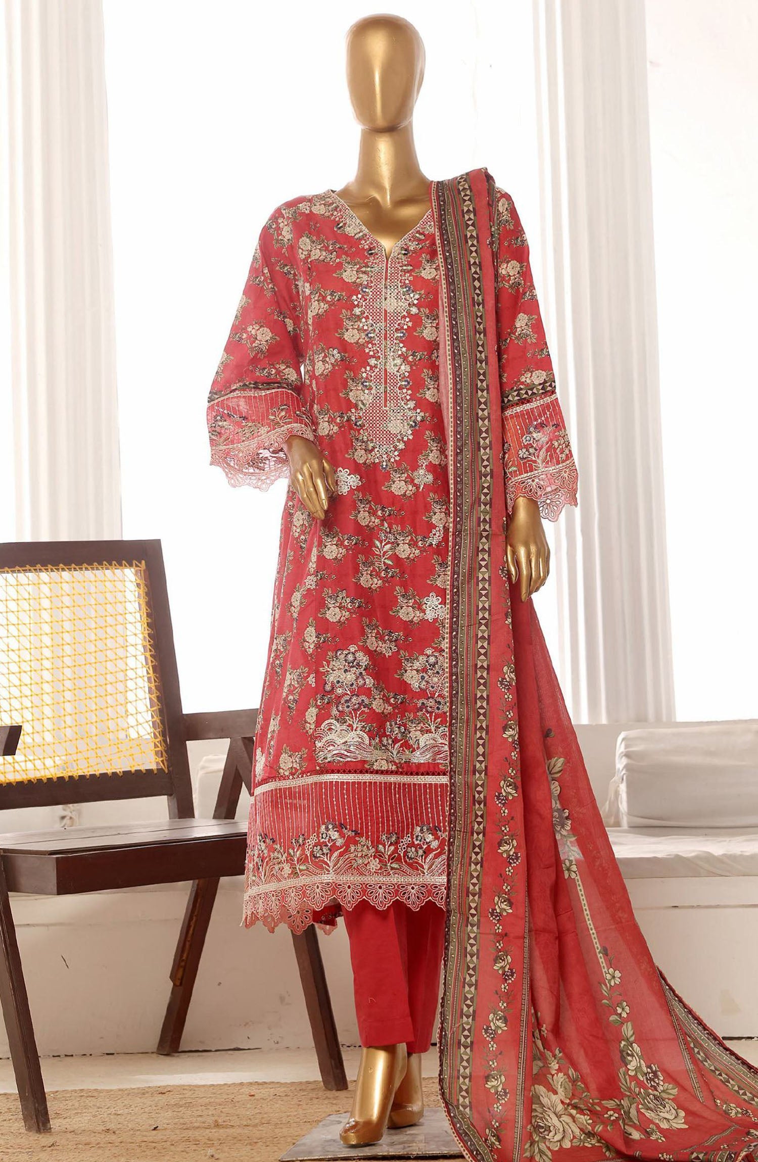Bin Saeed embroidered frock with trouser and duppatta- Red