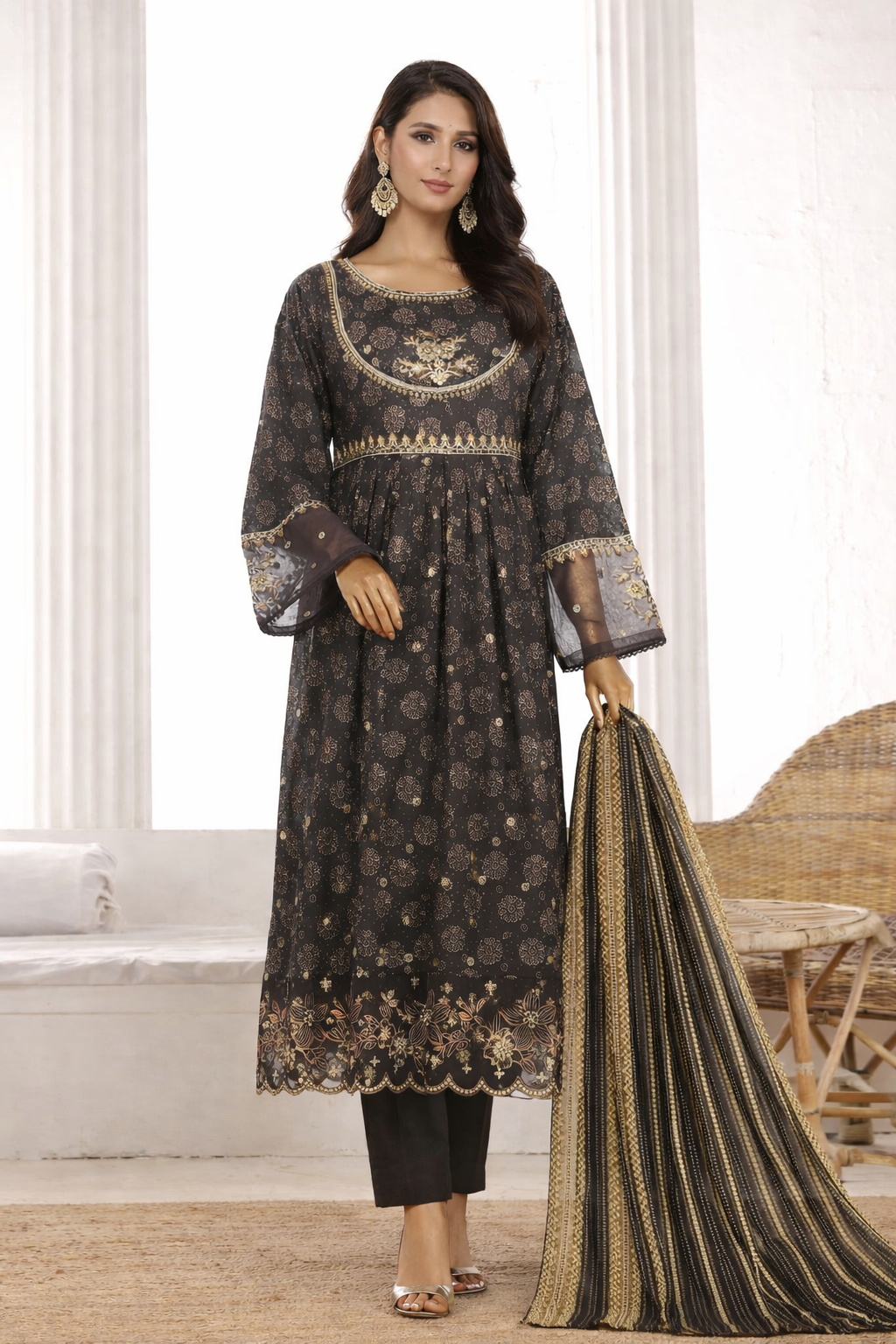 Bin Saeed embroidered frock with trouser and duppatta - Black floral