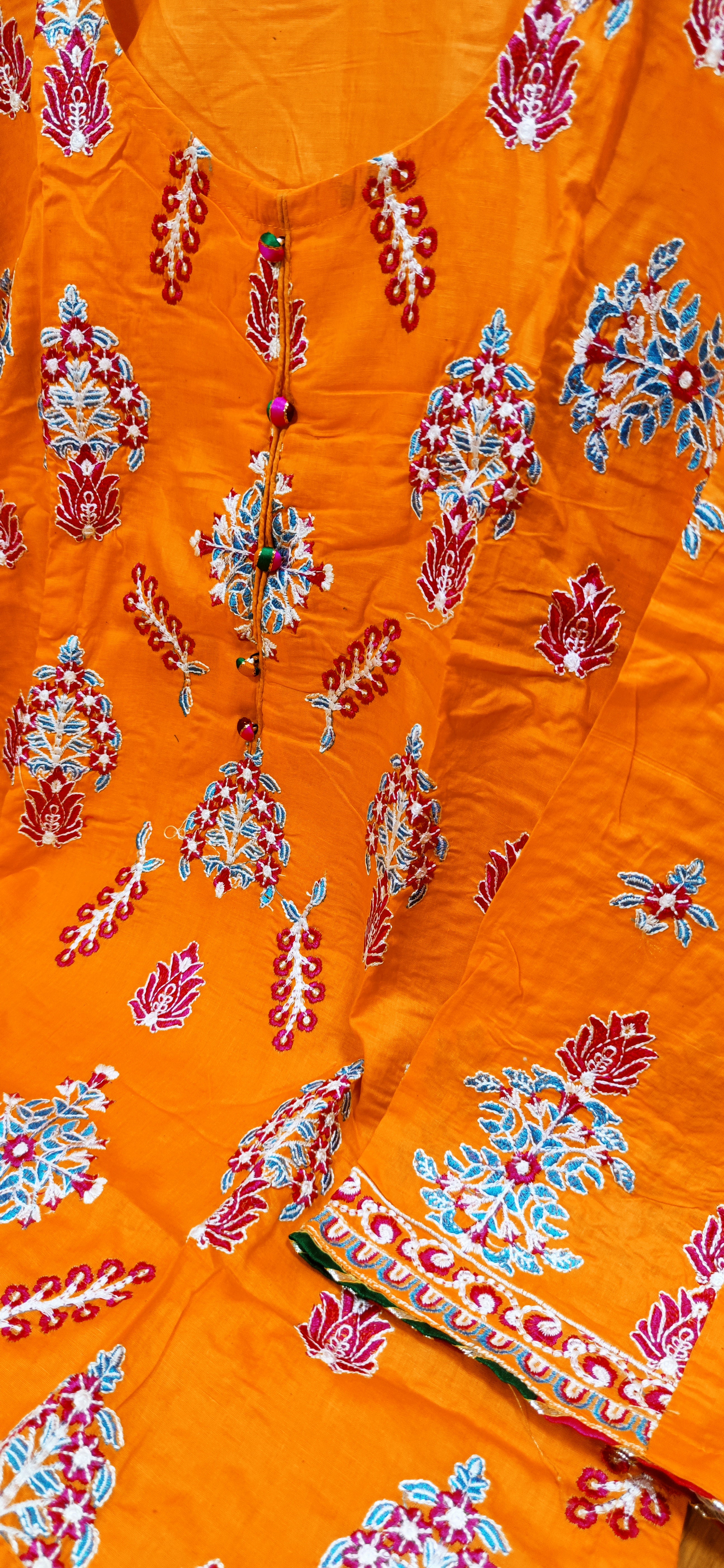 Chickenkari cotton kameez trouser duppatta - Orange
