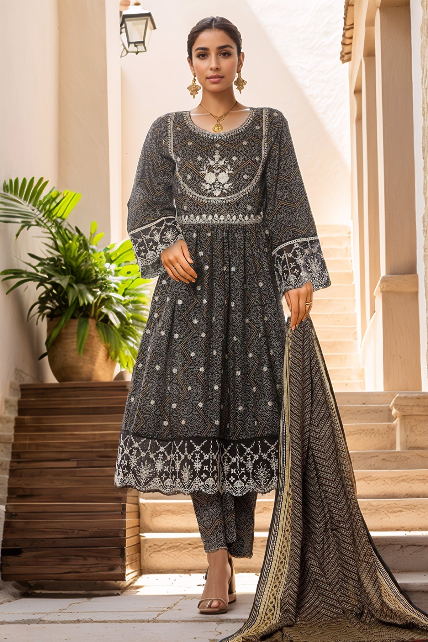 Bin Saeed embroidered frock with trouser and duppatta- Black