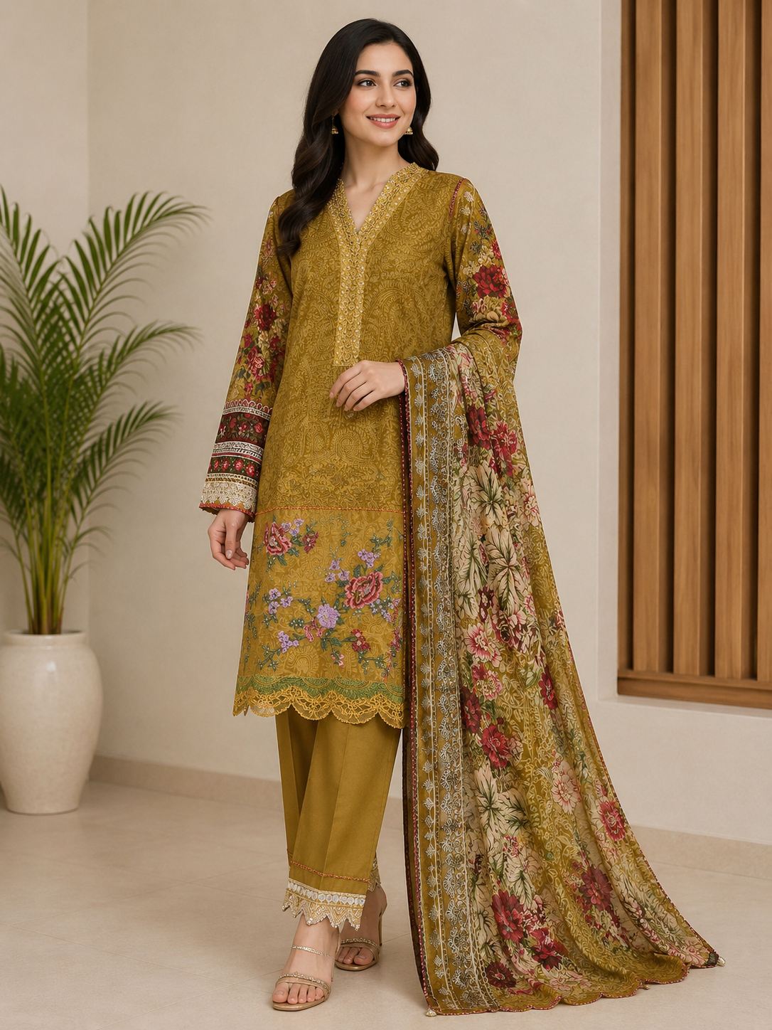 Pakistani embroidered shalwar kameez duppatta- Mustard