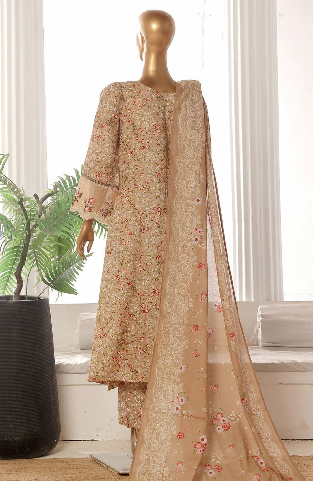 Bin Saeed embroidered frock with trouser and duppatta - Floral Beige