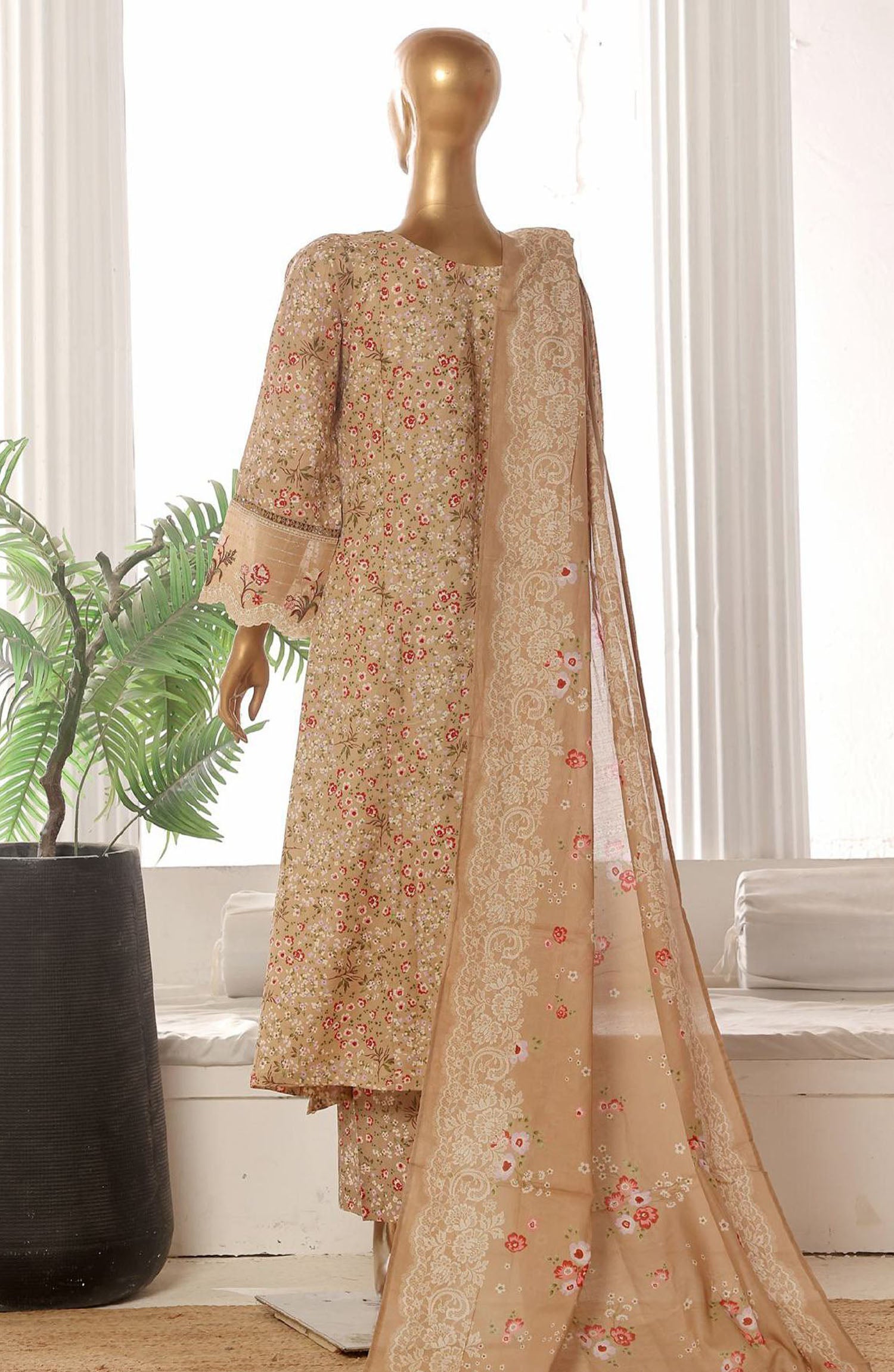 Bin Saeed embroidered frock with trouser and duppatta - Floral Beige