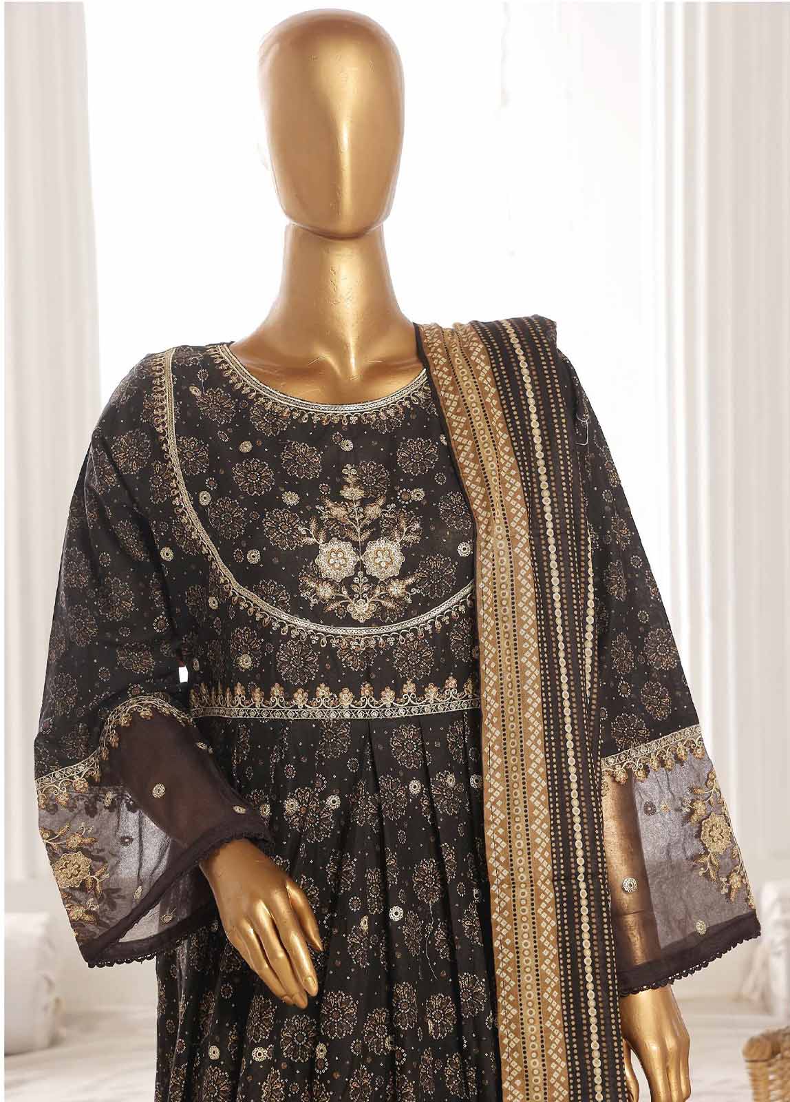 Bin Saeed embroidered frock with trouser and duppatta - Black floral