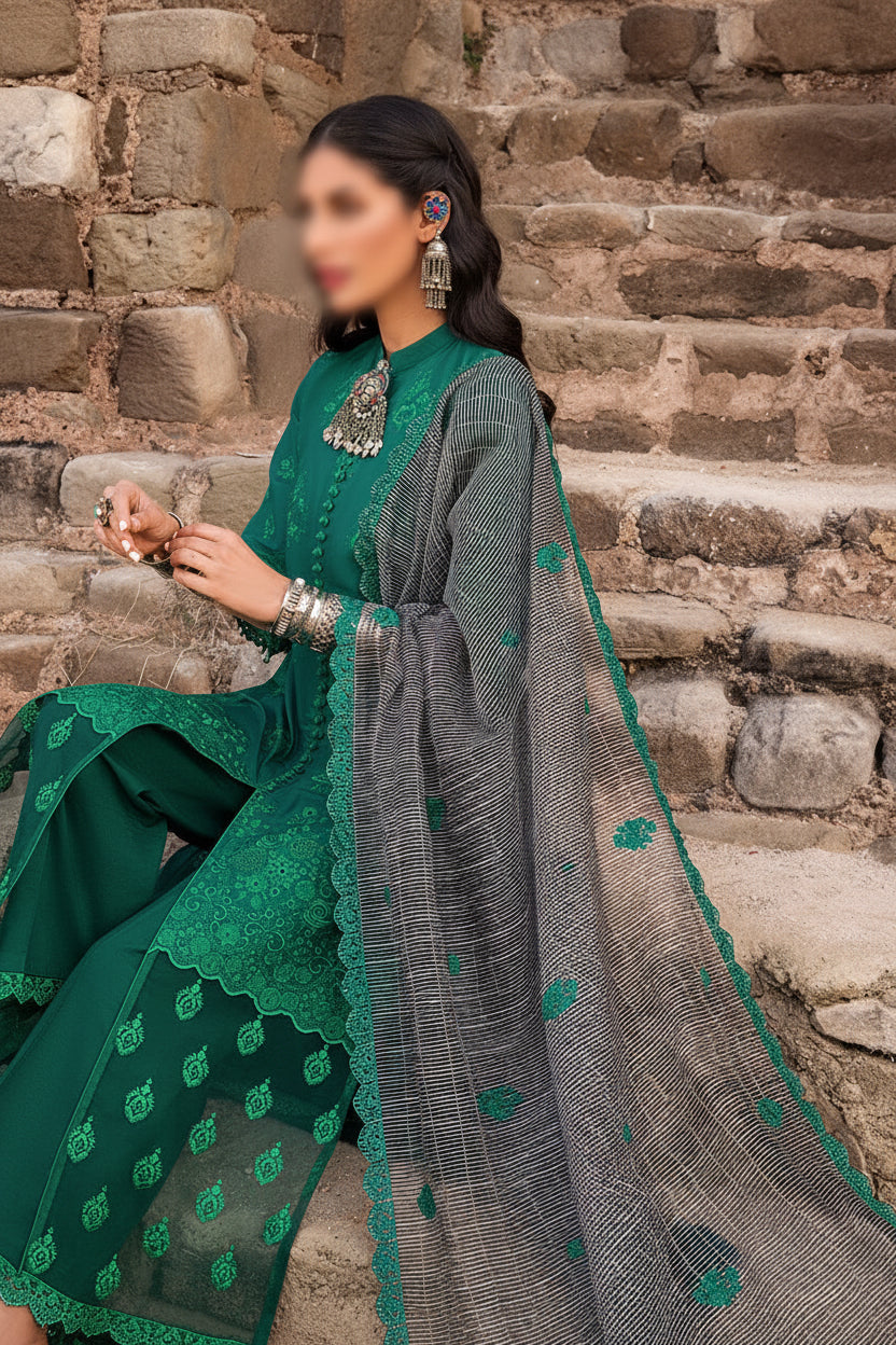 Chickenkari cotton kameez trouser duppatta - green