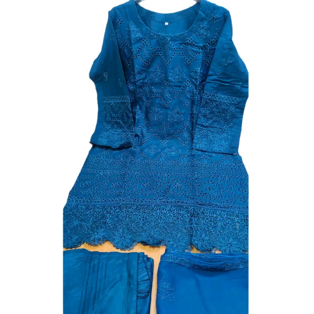 Pakistani chickenkari embroidered shalwar kameez duppatta- Teal