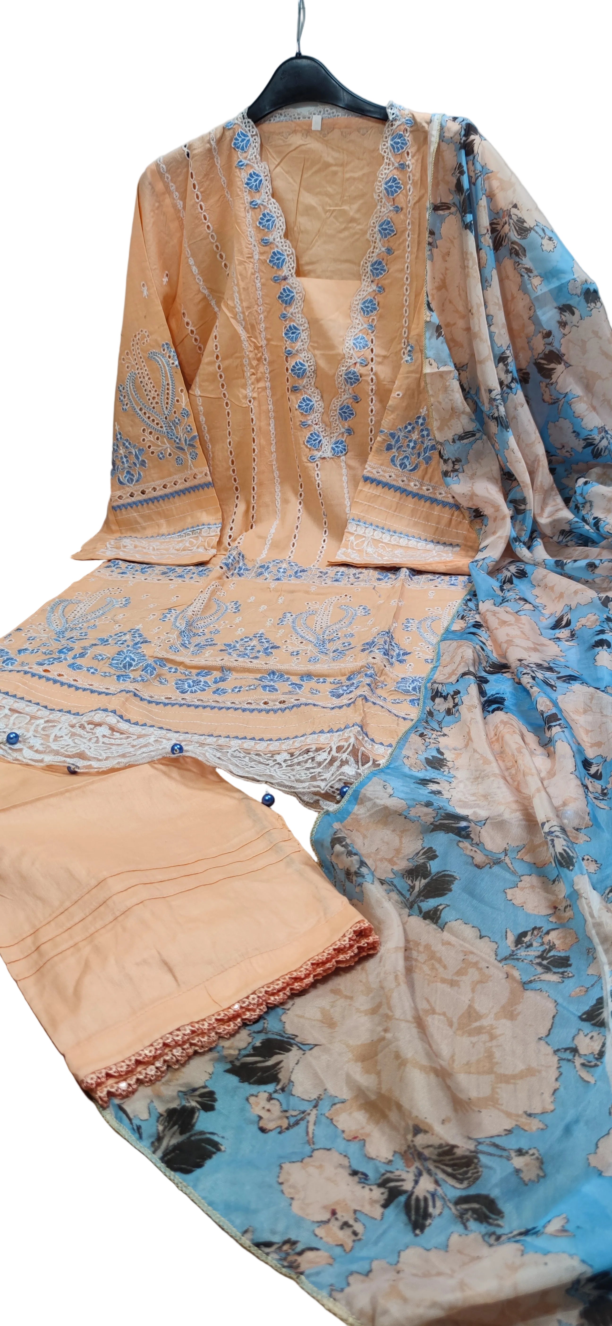Chickenkari cotton kameez trouser duppatta - Peach