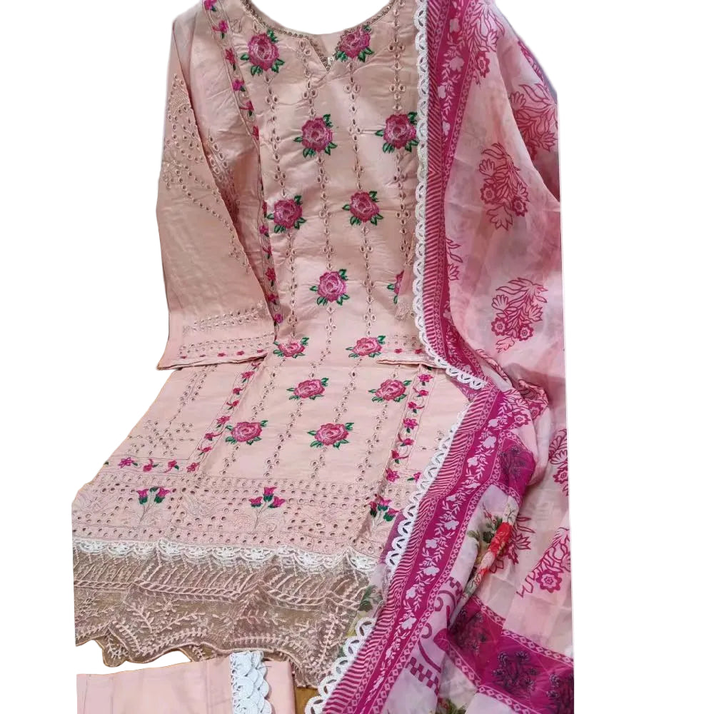 Pakistani chickenkari embroidered shalwar kameez duppatta-peach
